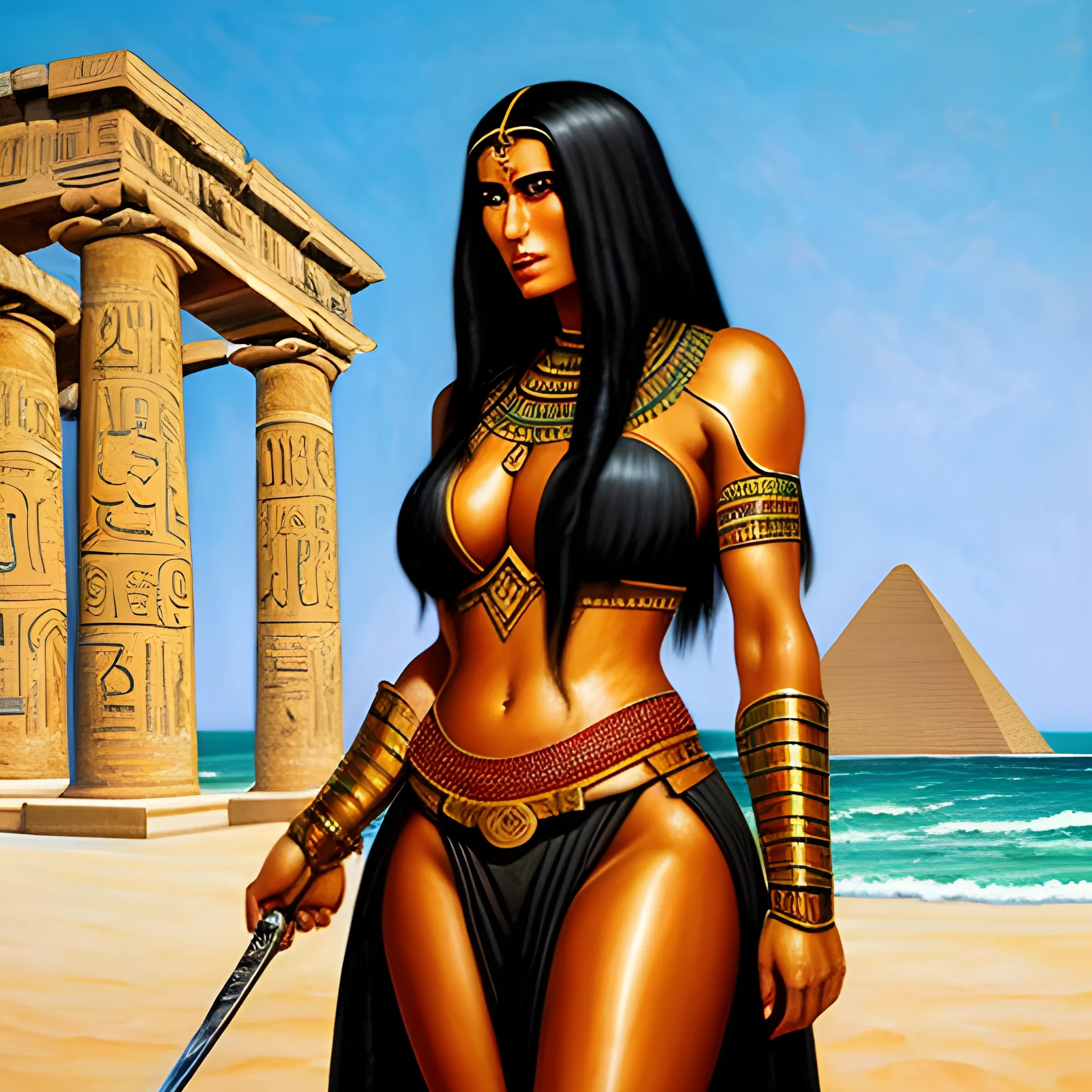 In oil painting on deteriorated old canva, a extremely thin and extremely flat chested young woman with very little clothing is a beautiful long curly black-hair indigenous girl in beach with big Shield and big Sword, in background a egyptian temple| In full color, realistic, highly detailed, focused, in dark-golden tone, created by the best master of the oil painting in the world, Oil Painting