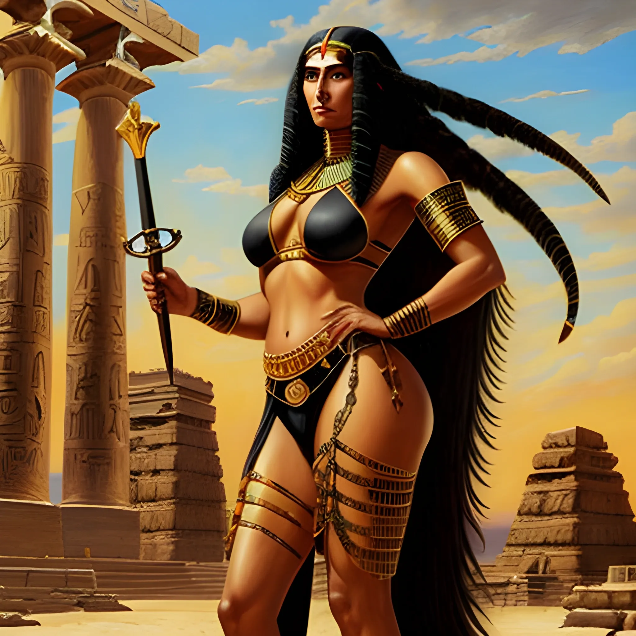 A extremely thin and extremely flat chested girl with very little clothing is a beautiful long curly black-hair indigenous girl in beach with big Shield and big Sword, in background a egyptian temple| In full color, realistic, highly detailed, focused, in dark-golden tone, created by the best master of the oil painting in the world, Oil Painting on deteriorated old canva