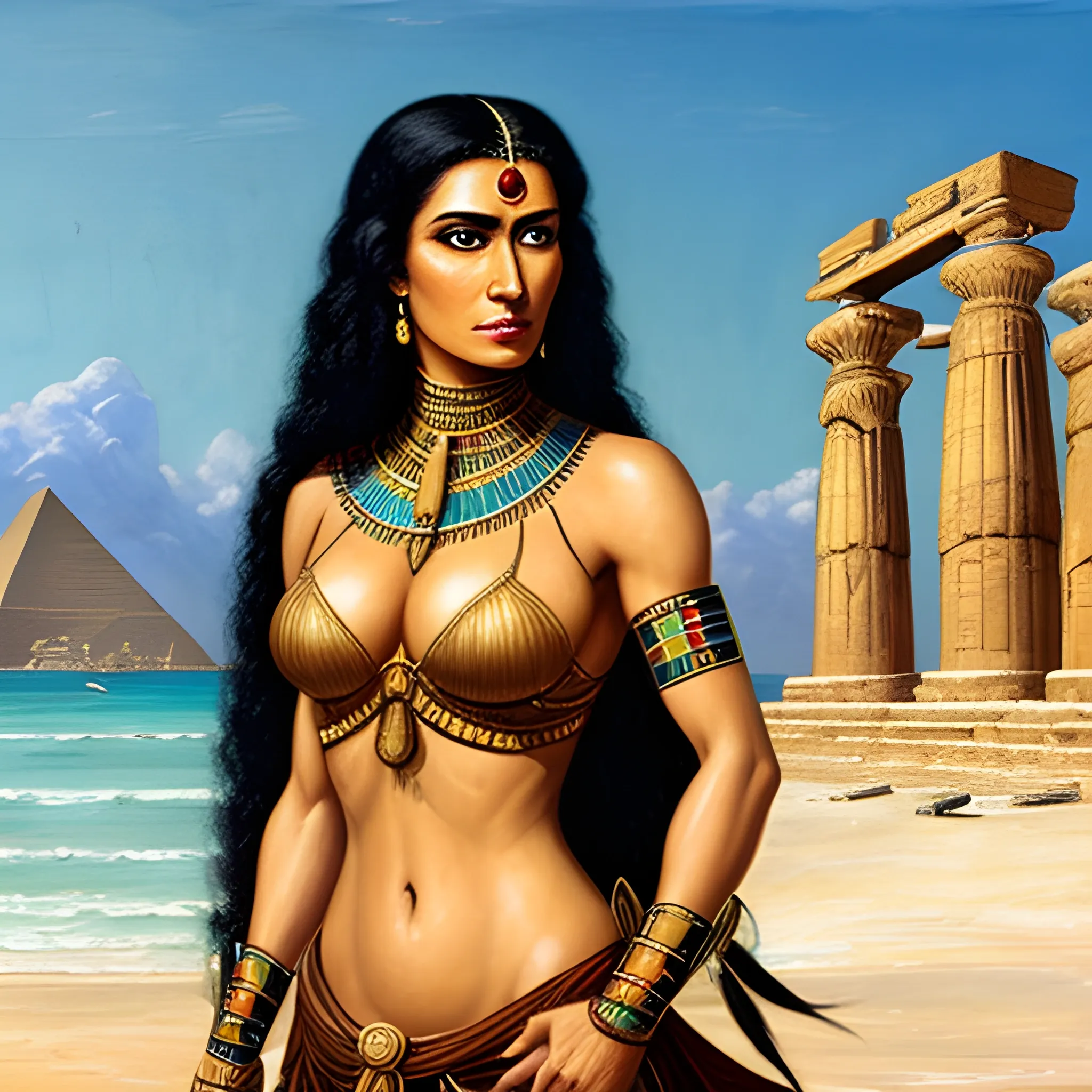 A extremely thin and extremely flat chested girl with very little clothing is a beautiful long curly black-hair indigenous girl in beach with big Shield and big Sword, in background a egyptian temple| In full color, realistic, highly detailed, focused, in dark-golden tone, created by the best master of the oil painting in the world, Oil Painting on deteriorated old canva, Water Color