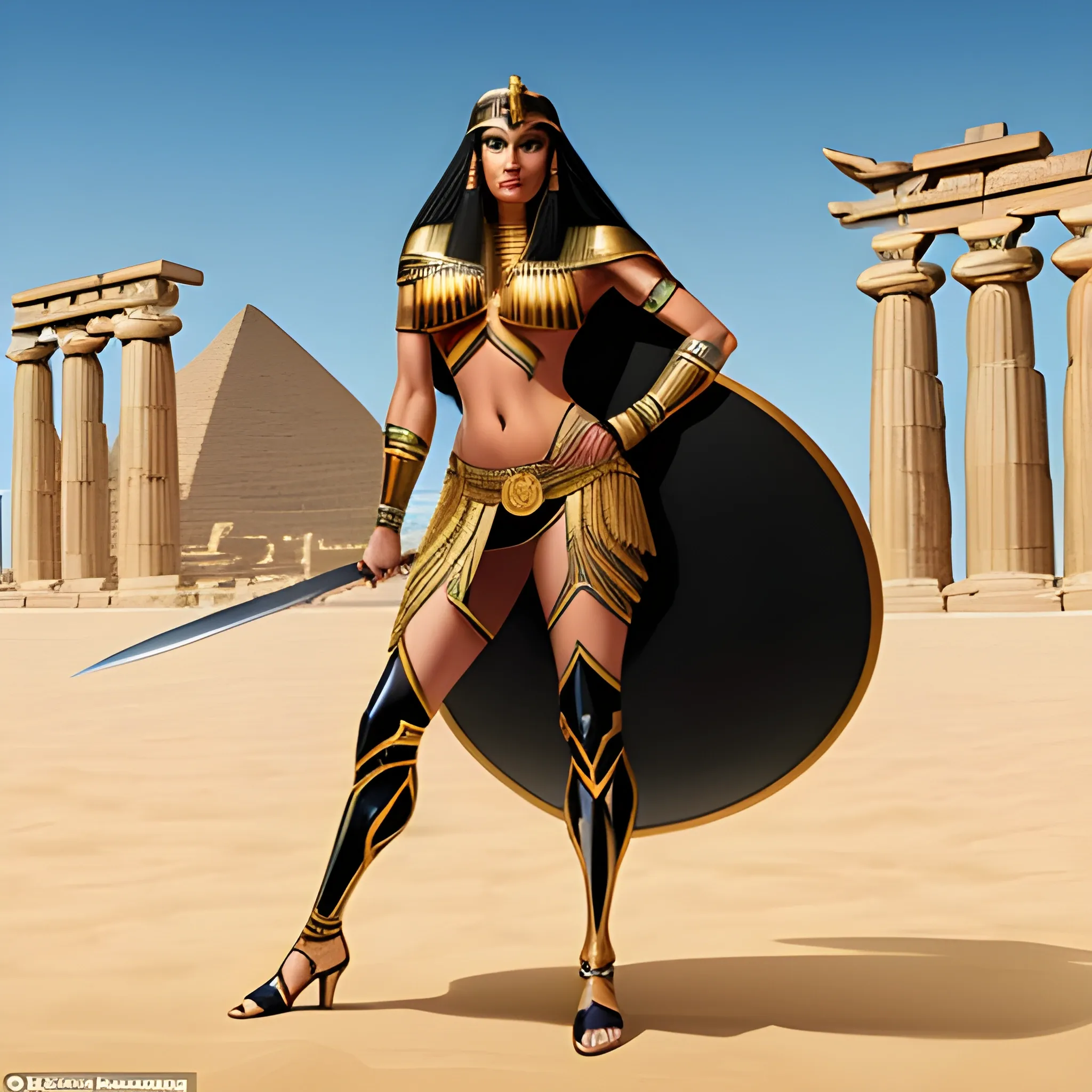 A extremely thin and extremely flat chested girl with very little clothing is a beautiful long curly black-hair indigenous girl in beach with big Shield and big Sword, in background a egyptian temple| In full color, realistic, highly detailed, focused, in dark-golden tone, Pencil Sketch