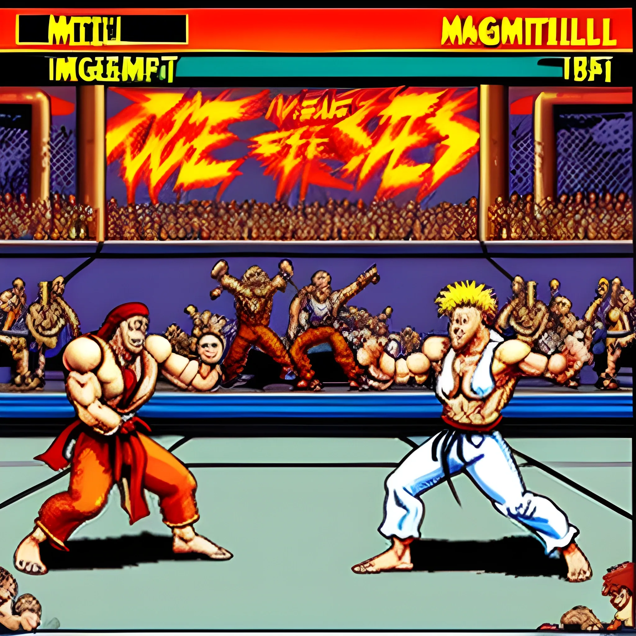 A scenario from the game "Street Fighter II" with the members of the group Metallica against Megadeth, Cartoon