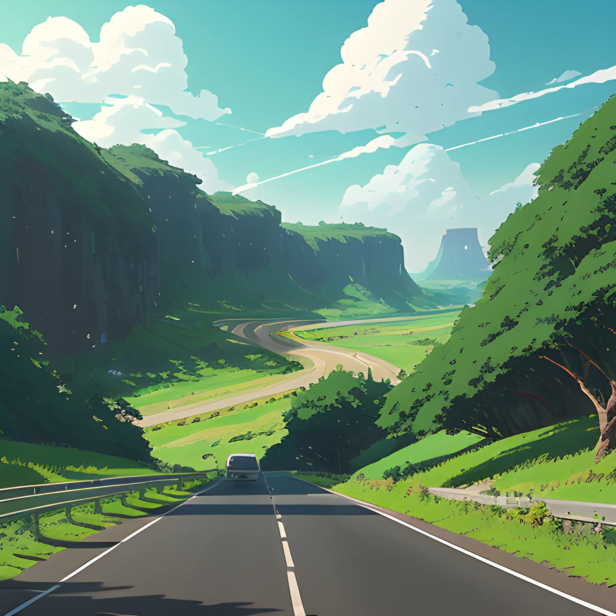 an wide landscape with brush, greenery, small road, traffic sign and a sky... in the style of makoto shinkai and greg rutkowski and albert bierstadt and james gurney, Cartoon