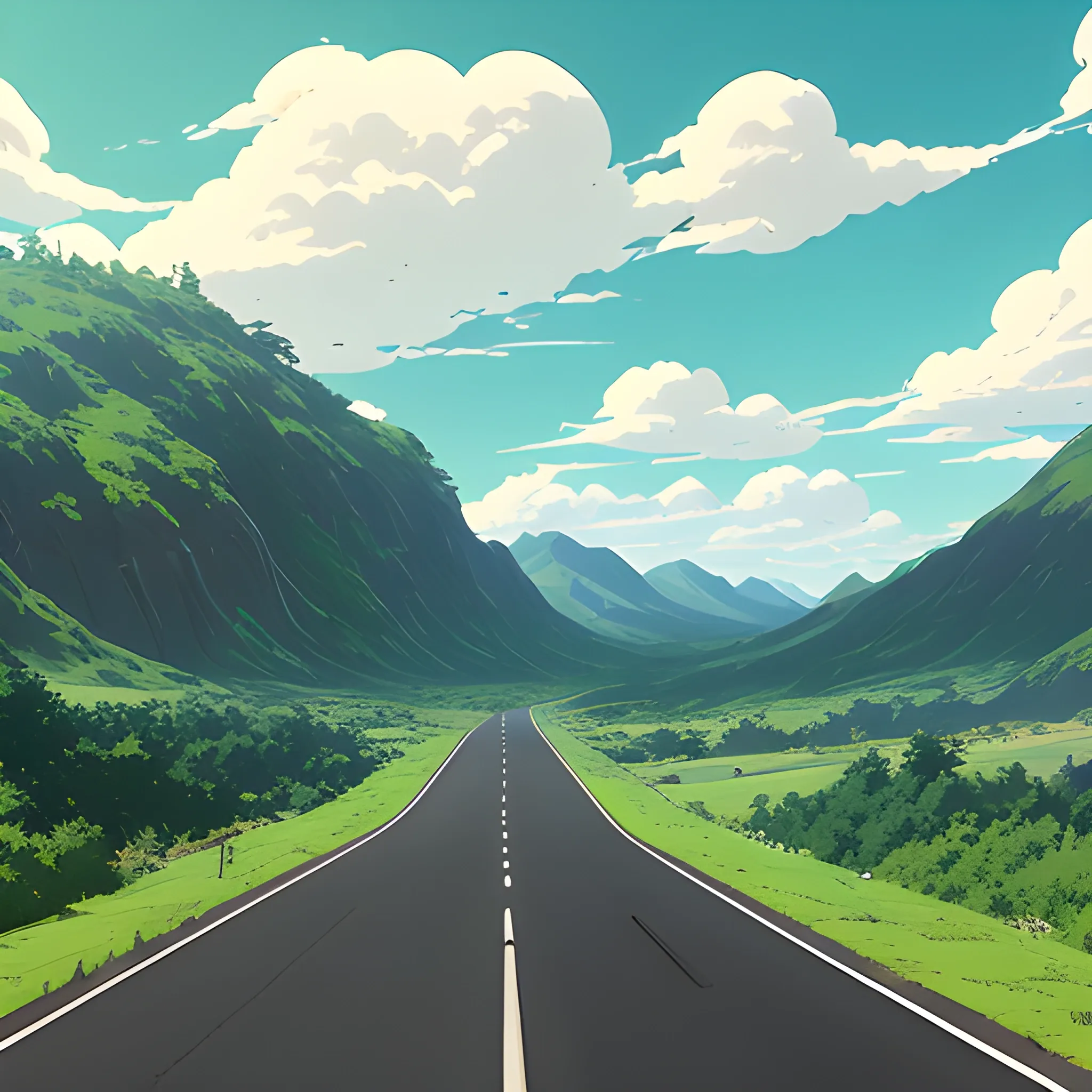 an wide landscape with brush, greenery, small road, traffic sign and a sky... in the style of makoto shinkai and greg rutkowski and albert bierstadt and james gurney, Cartoon