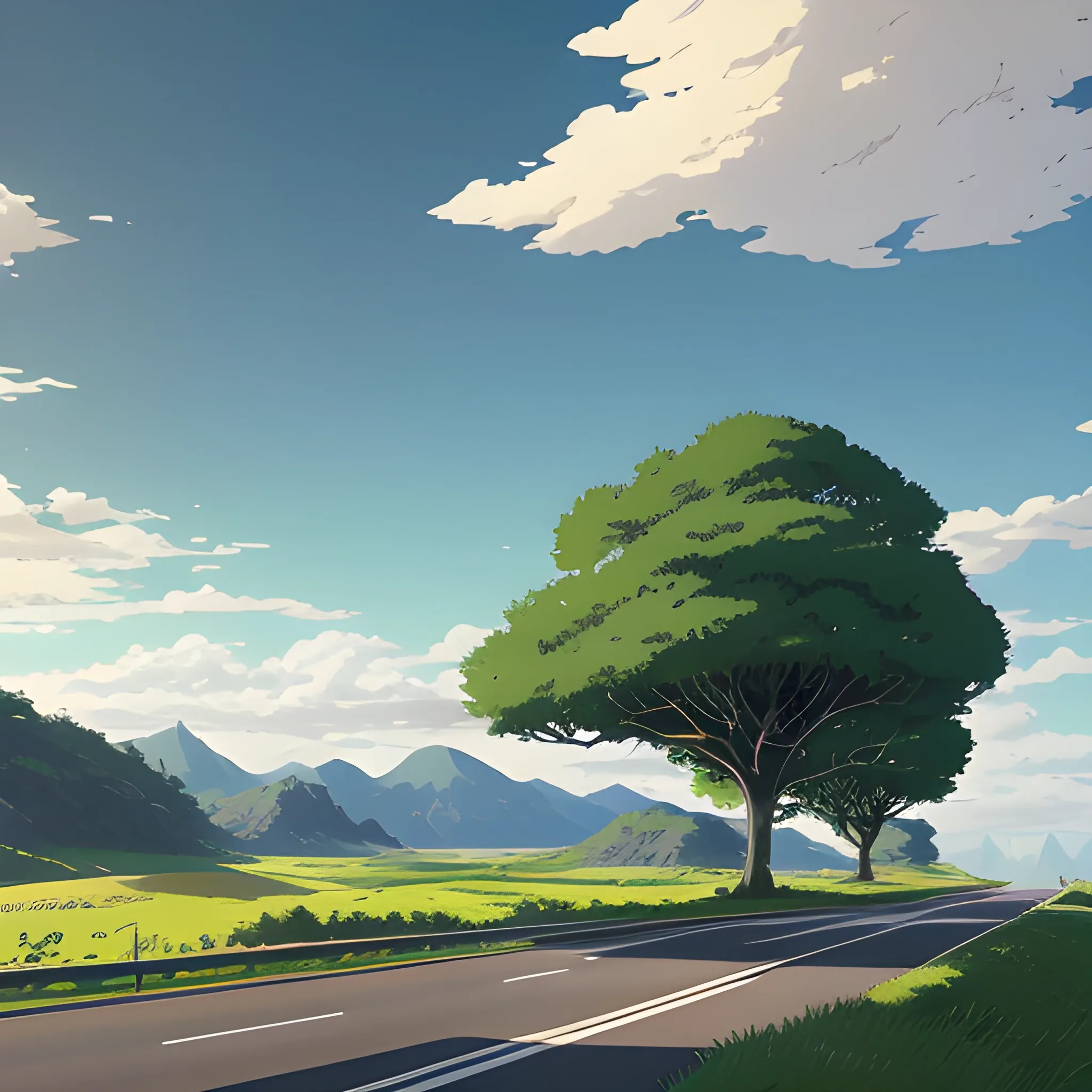 an wide landscape with brush, greenery, small road, traffic sign and a sky... in the style of makoto shinkai and greg rutkowski and albert bierstadt and james gurney, Cartoon