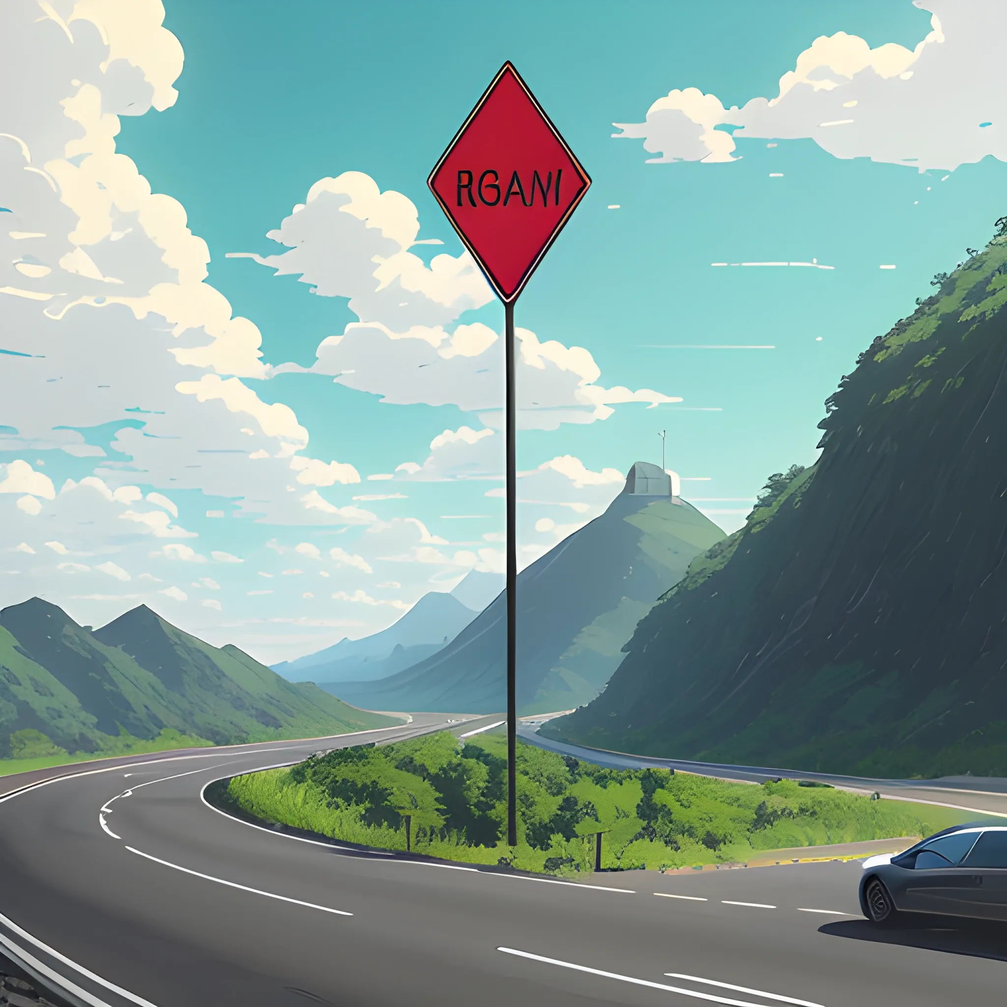 an wide landscape with brush, greenery, small road, traffic sign and a sky... in the style of makoto shinkai and greg rutkowski and albert bierstadt and james gurney, Cartoon