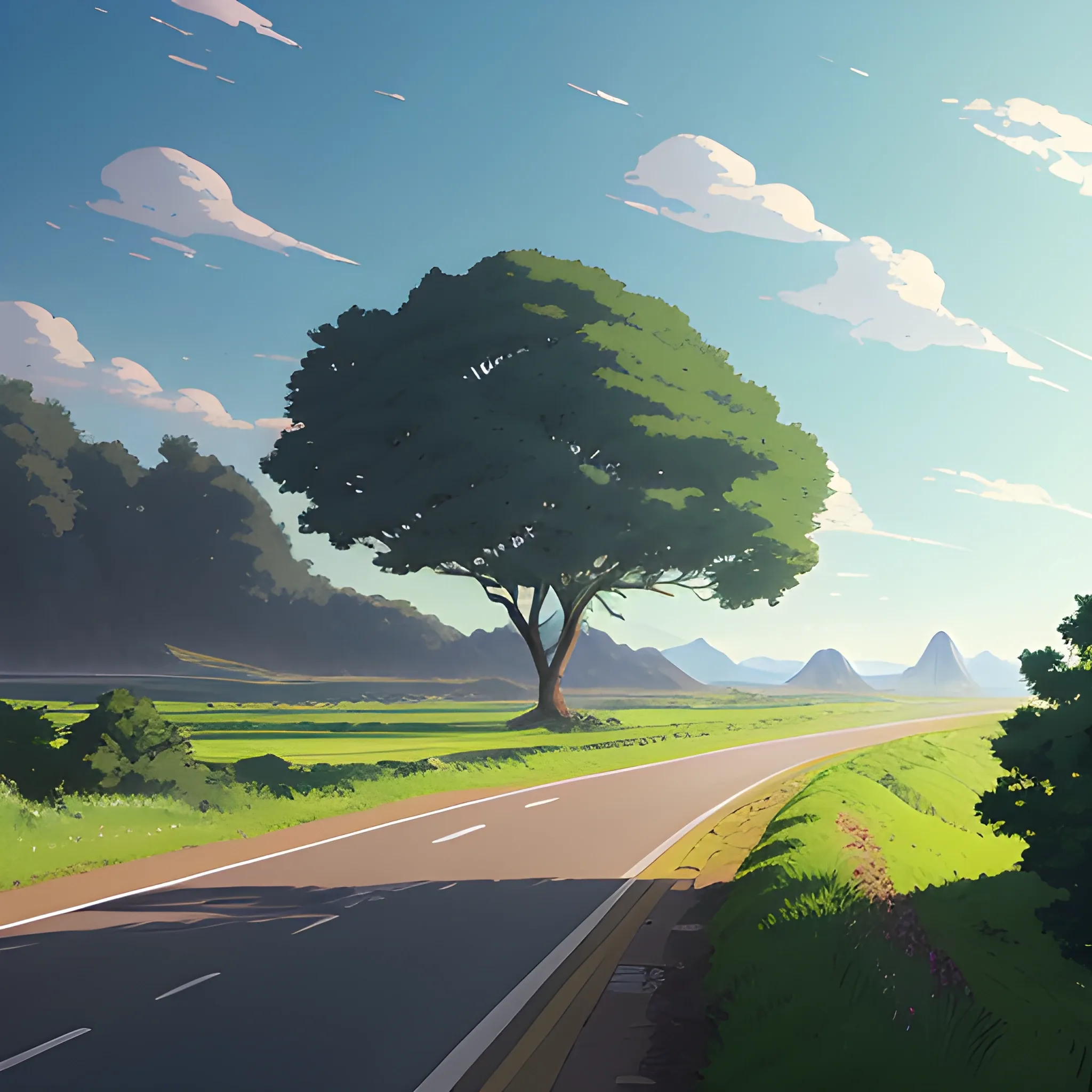 an wide landscape with brush, greenery, small road and a sky... in the style of makoto shinkai and greg rutkowski and albert bierstadt and james gurney, Cartoon