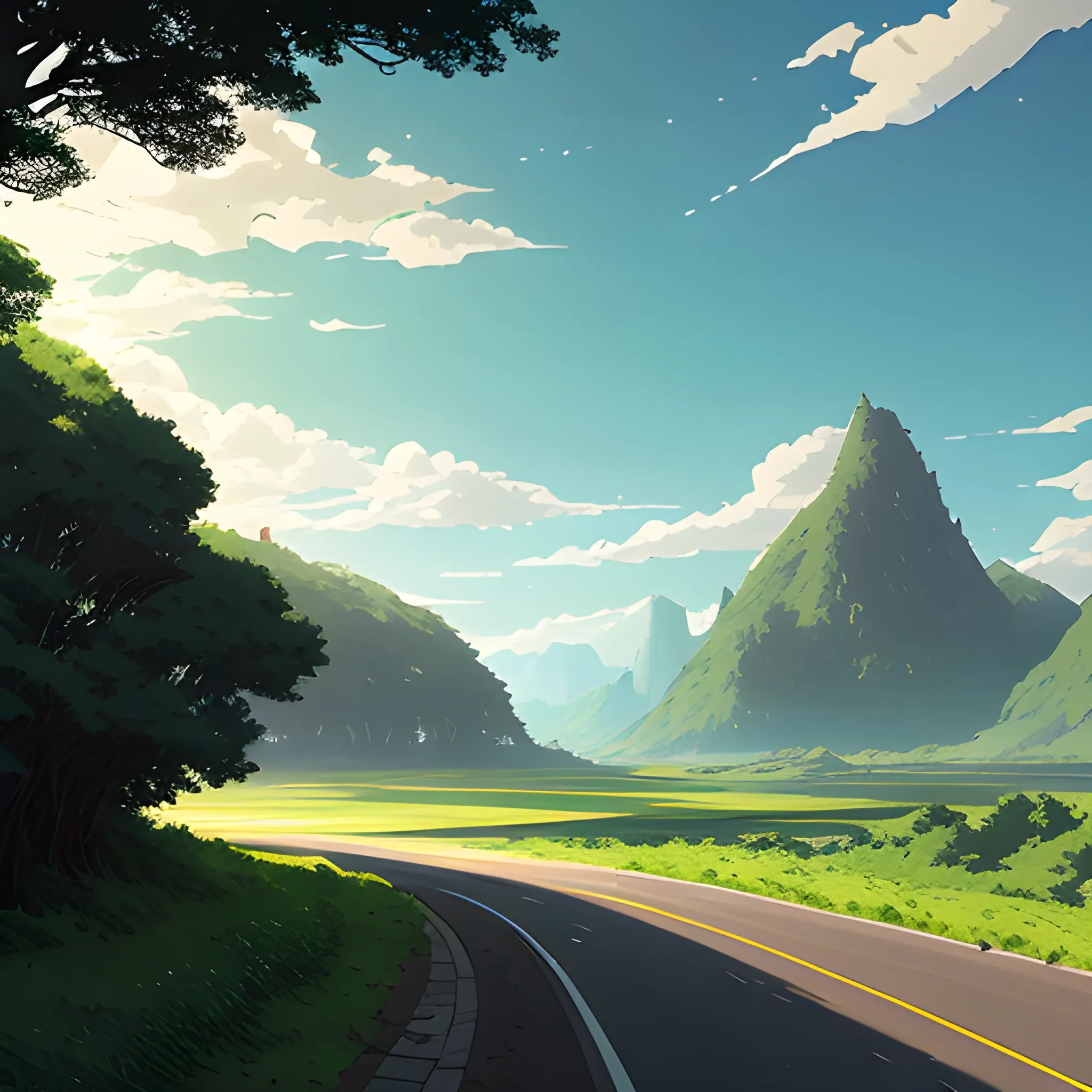 an wide landscape with brush, greenery, small road and a sky... in the style of makoto shinkai and greg rutkowski and albert bierstadt and james gurney, Cartoon