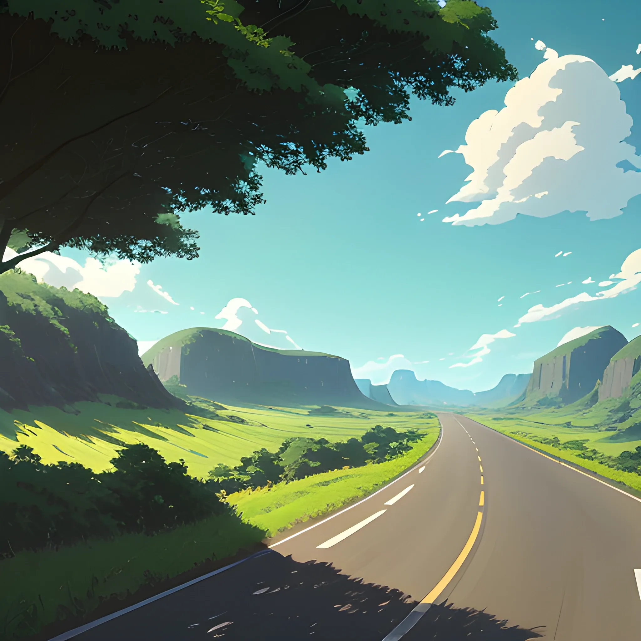 an wide landscape with brush, greenery, small road and a sky... in the style of makoto shinkai and greg rutkowski and albert bierstadt and james gurney, Cartoon