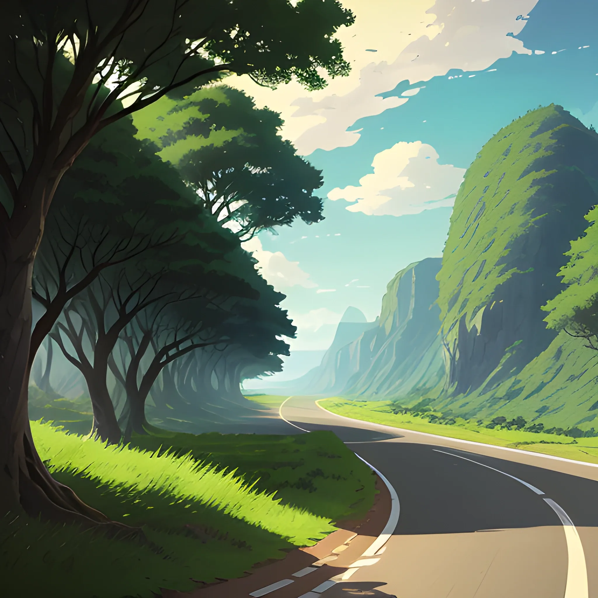 an wide landscape with brush, greenery, small road and a sky... in the style of makoto shinkai and greg rutkowski and albert bierstadt and james gurney, Cartoon