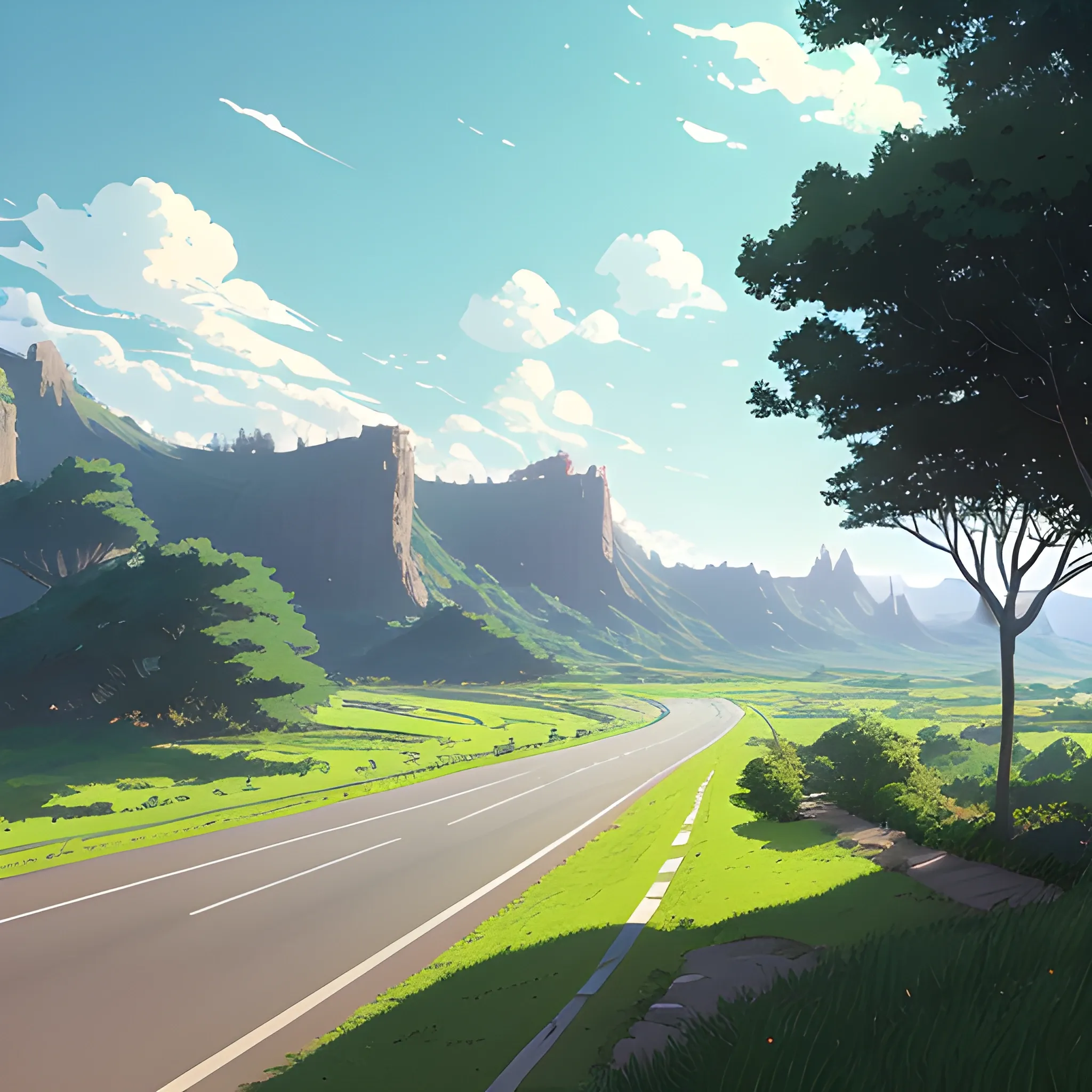 an wide landscape with brush, greenery, small road and a sky... in the style of makoto shinkai and greg rutkowski and albert bierstadt and james gurney, Cartoon