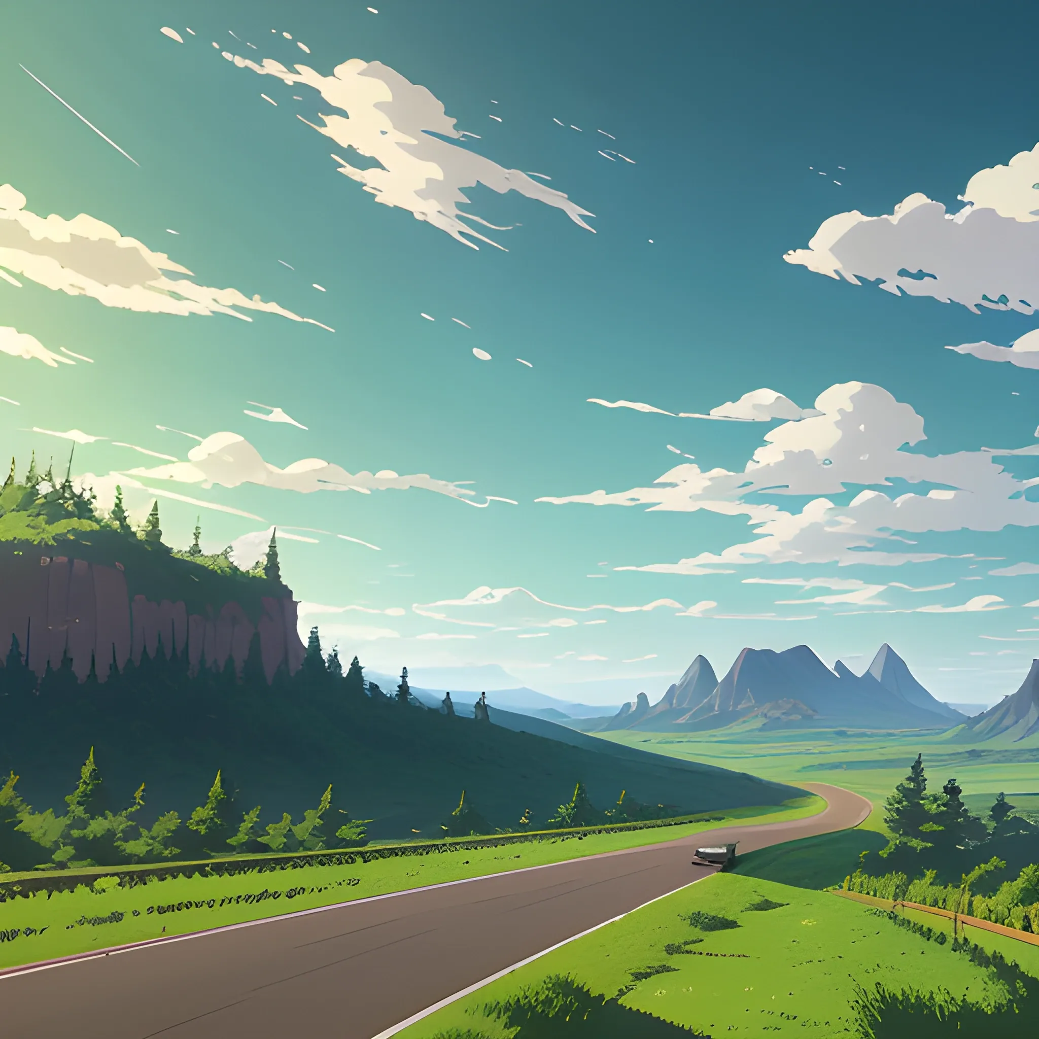 an wide landscape with brush, greenery, small road and a sky... in the style of makoto shinkai and greg rutkowski and albert bierstadt and james gurney, Cartoon