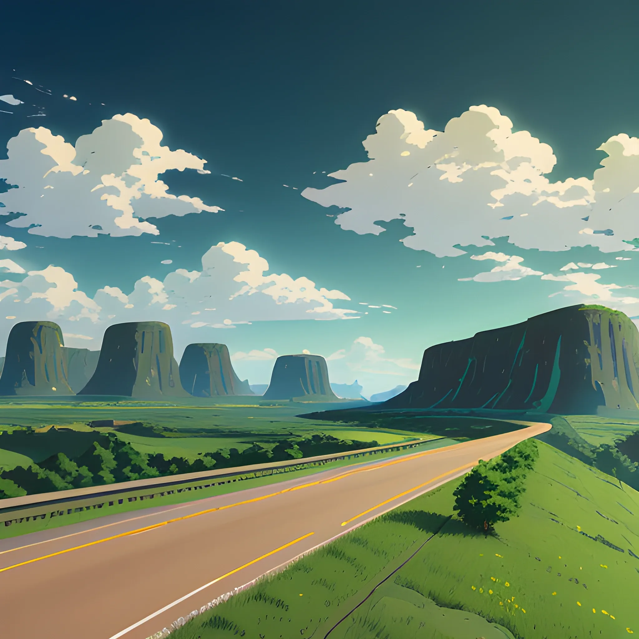 an wide landscape with brush, greenery, small road and a sky... in the style of makoto shinkai and greg rutkowski and albert bierstadt and james gurney, Cartoon