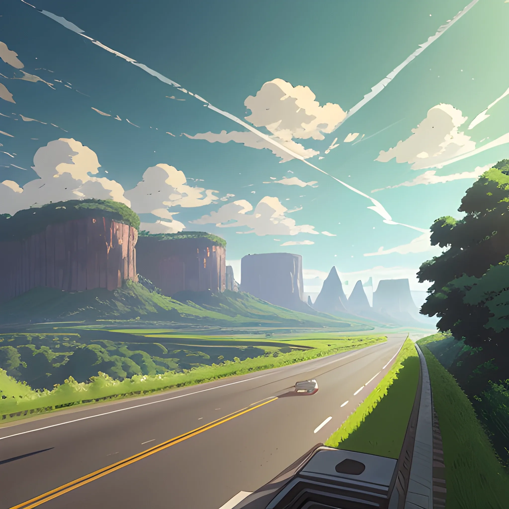 an wide landscape with brush, greenery, small road and a sky... in the style of makoto shinkai and greg rutkowski and albert bierstadt and james gurney, Cartoon