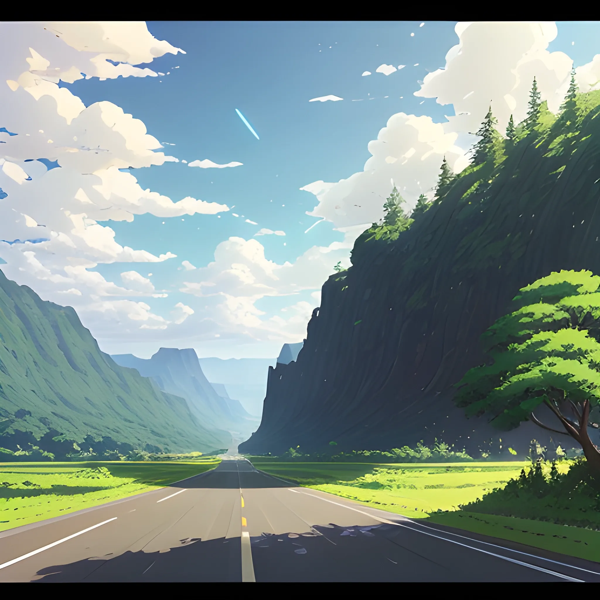 an wide landscape with brush, greenery, small road and a sky... in the style of makoto shinkai and greg rutkowski and albert bierstadt and james gurney, Cartoon