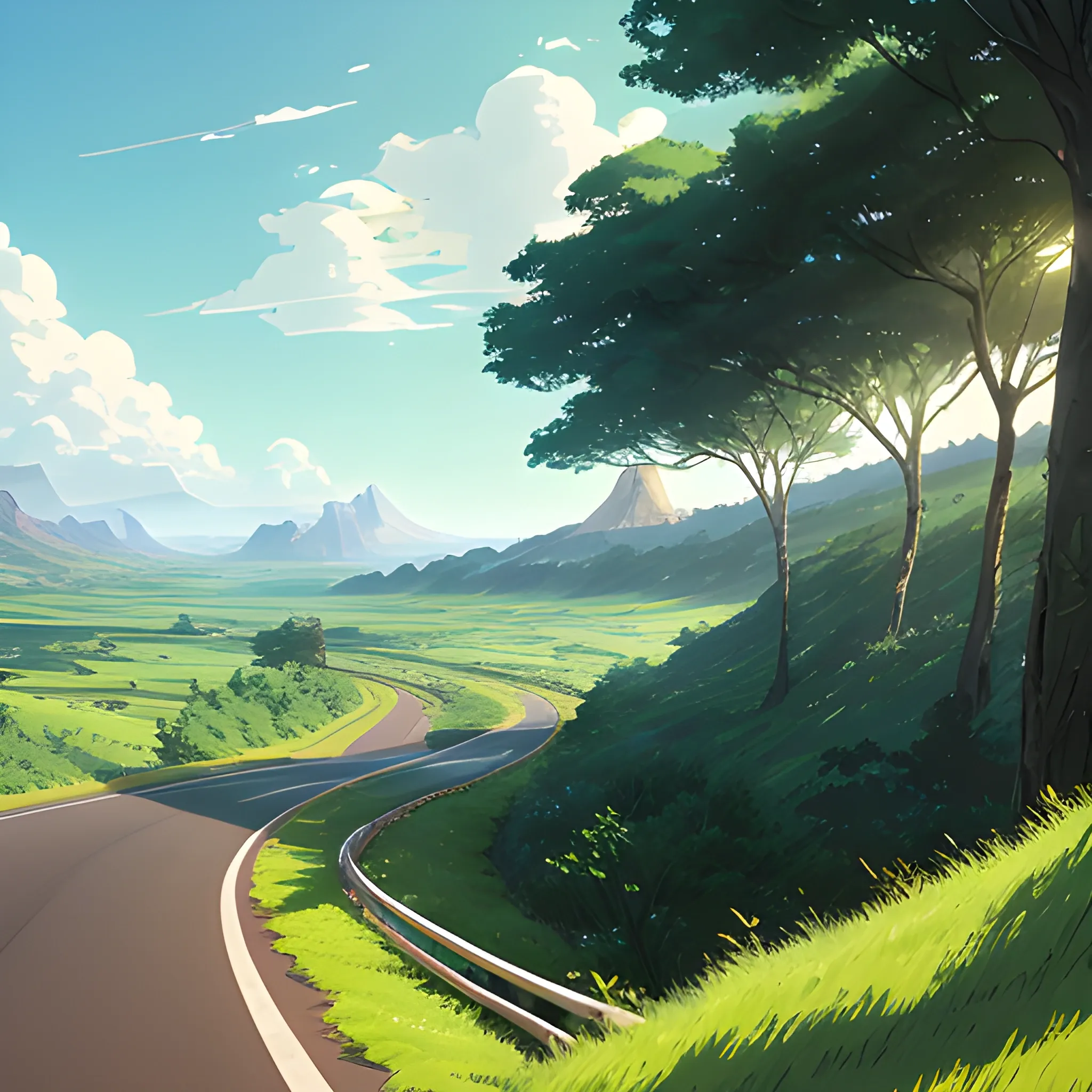 an wide landscape with brush, greenery, small road and a sky... in the style of makoto shinkai and greg rutkowski and albert bierstadt and james gurney, Cartoon