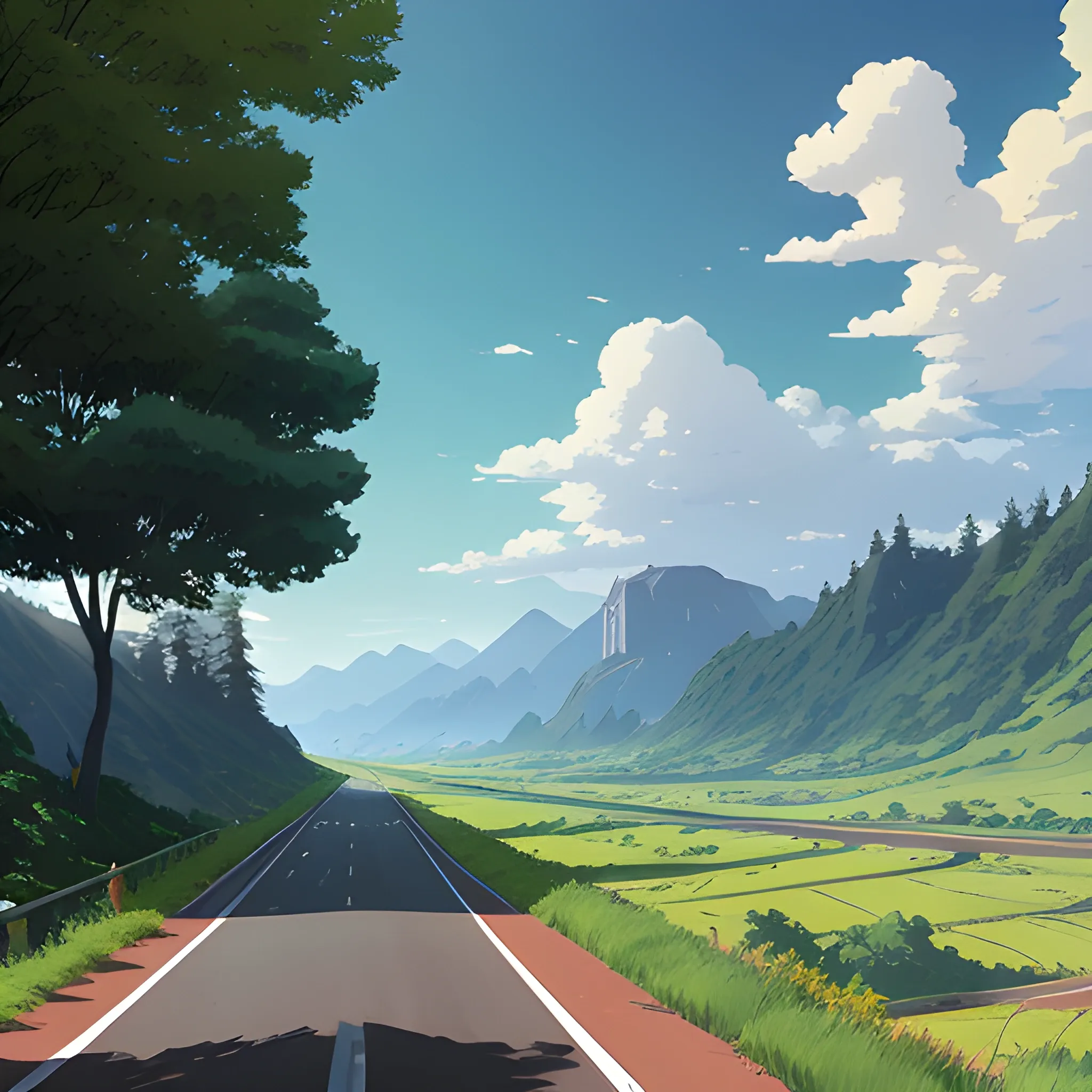 an wide landscape with brush, greenery, small road and a sky... in the style of makoto shinkai and greg rutkowski and albert bierstadt and james gurney, Cartoon