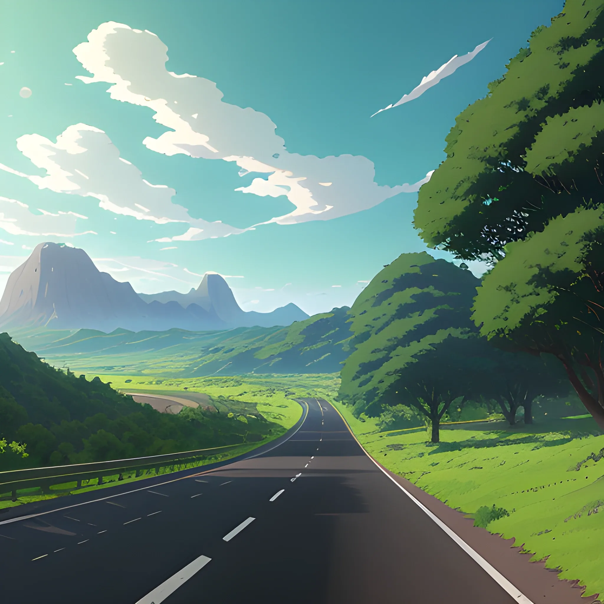 an wide landscape with brush, greenery, small road and a sky... in the style of makoto shinkai and greg rutkowski and albert bierstadt and james gurney, Cartoon