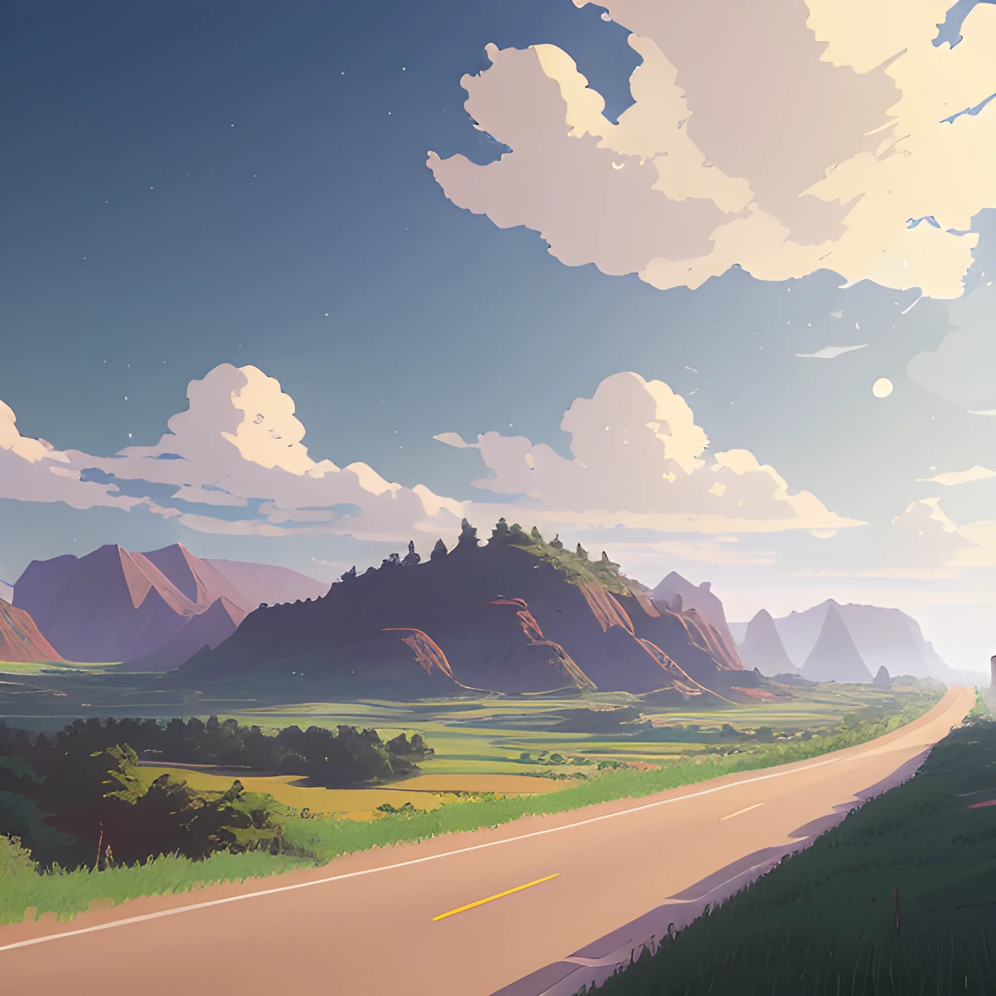 an wide landscape with brush, greenery, small road and a sky... in the style of makoto shinkai and greg rutkowski and albert bierstadt and james gurney, Cartoon