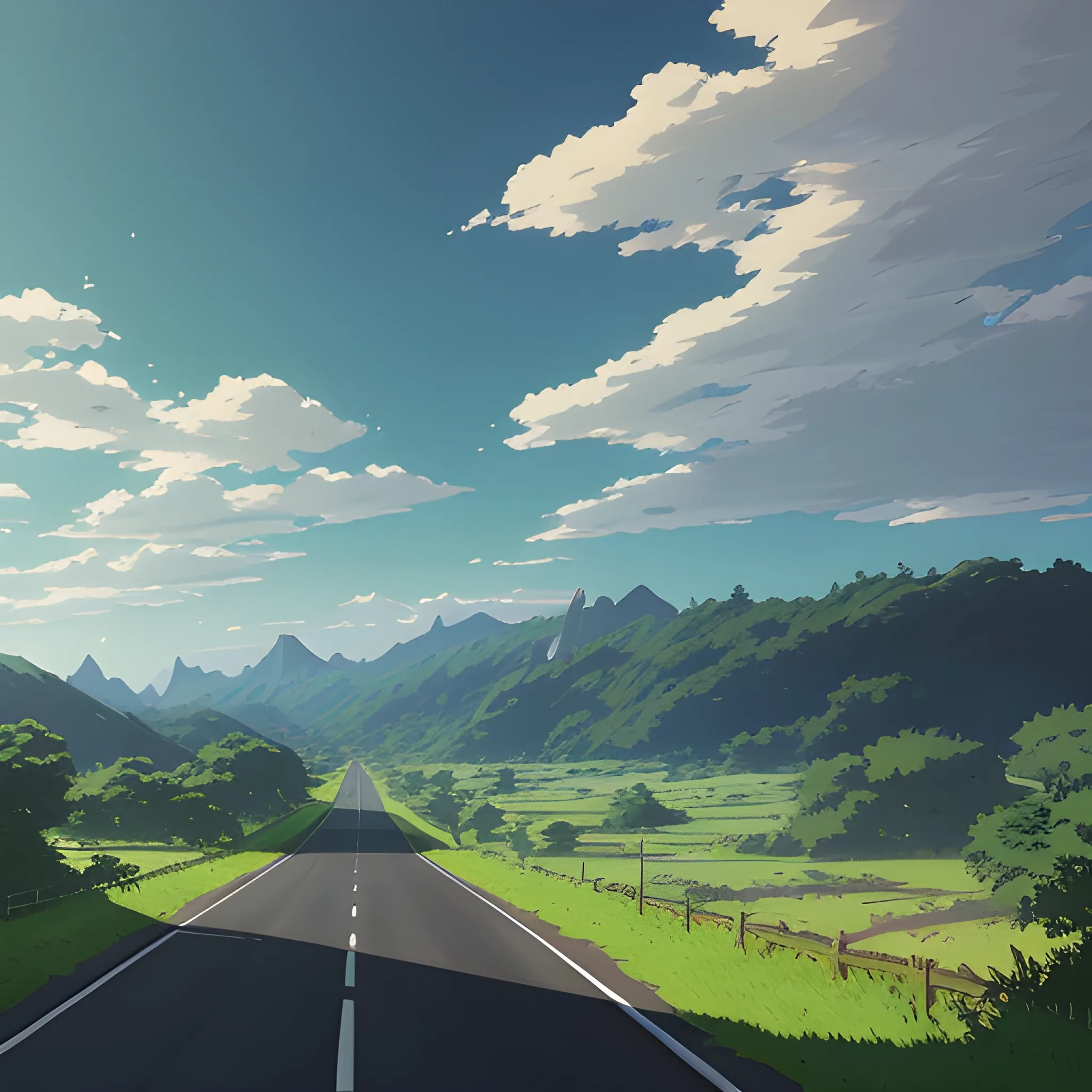 an wide landscape with brush, greenery, small road and a sky... in the style of makoto shinkai and greg rutkowski and albert bierstadt and james gurney, Cartoon