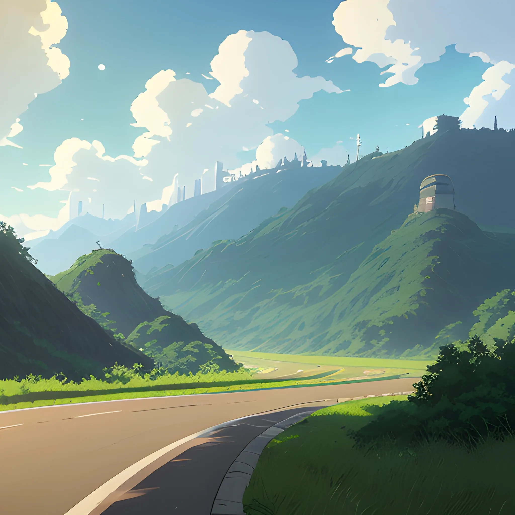 an wide landscape with brush, greenery, small road and a sky... in the style of makoto shinkai and greg rutkowski and albert bierstadt and james gurney, Cartoon