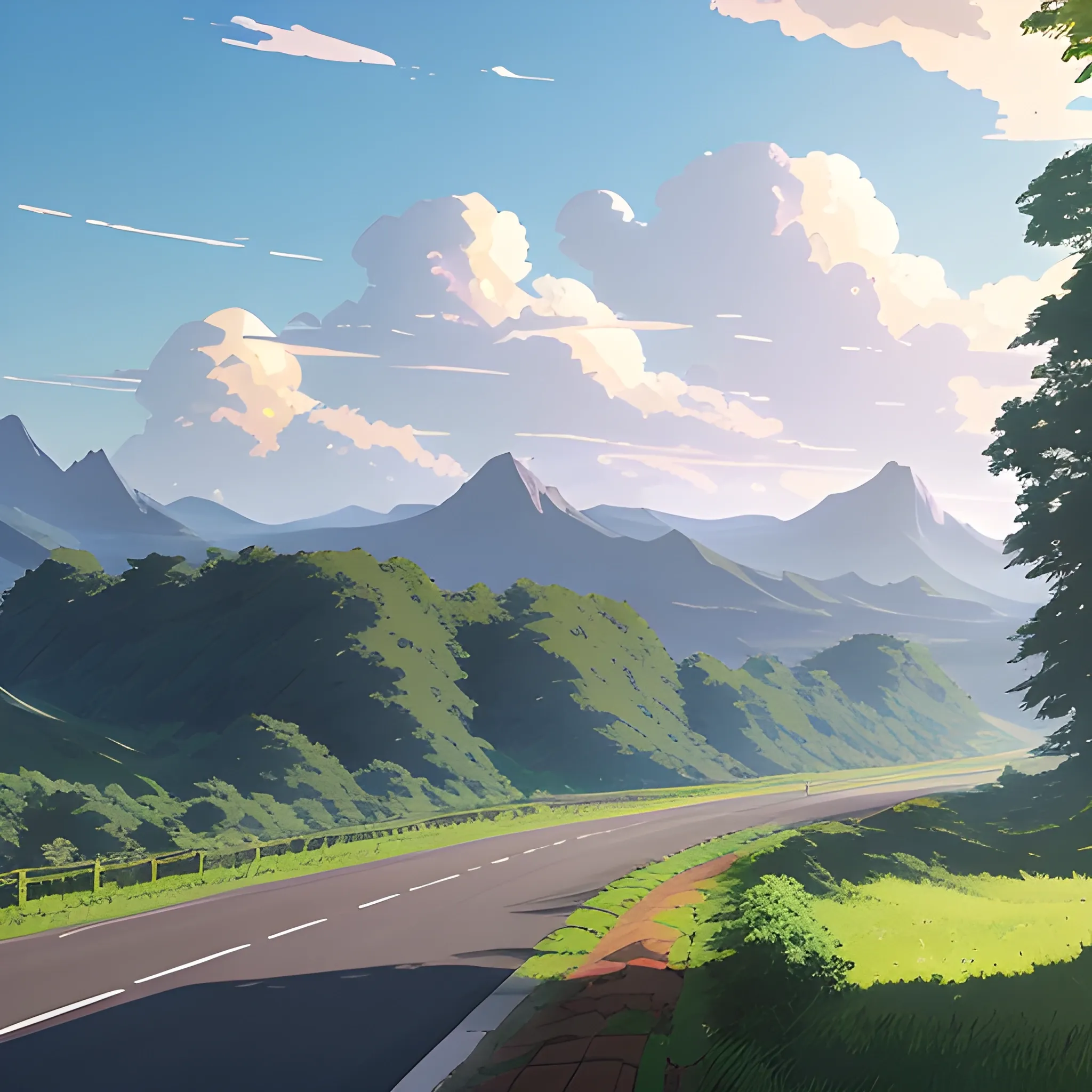 an wide landscape with brush, greenery, small road and a sky... in the style of makoto shinkai and greg rutkowski and albert bierstadt and james gurney, Cartoon