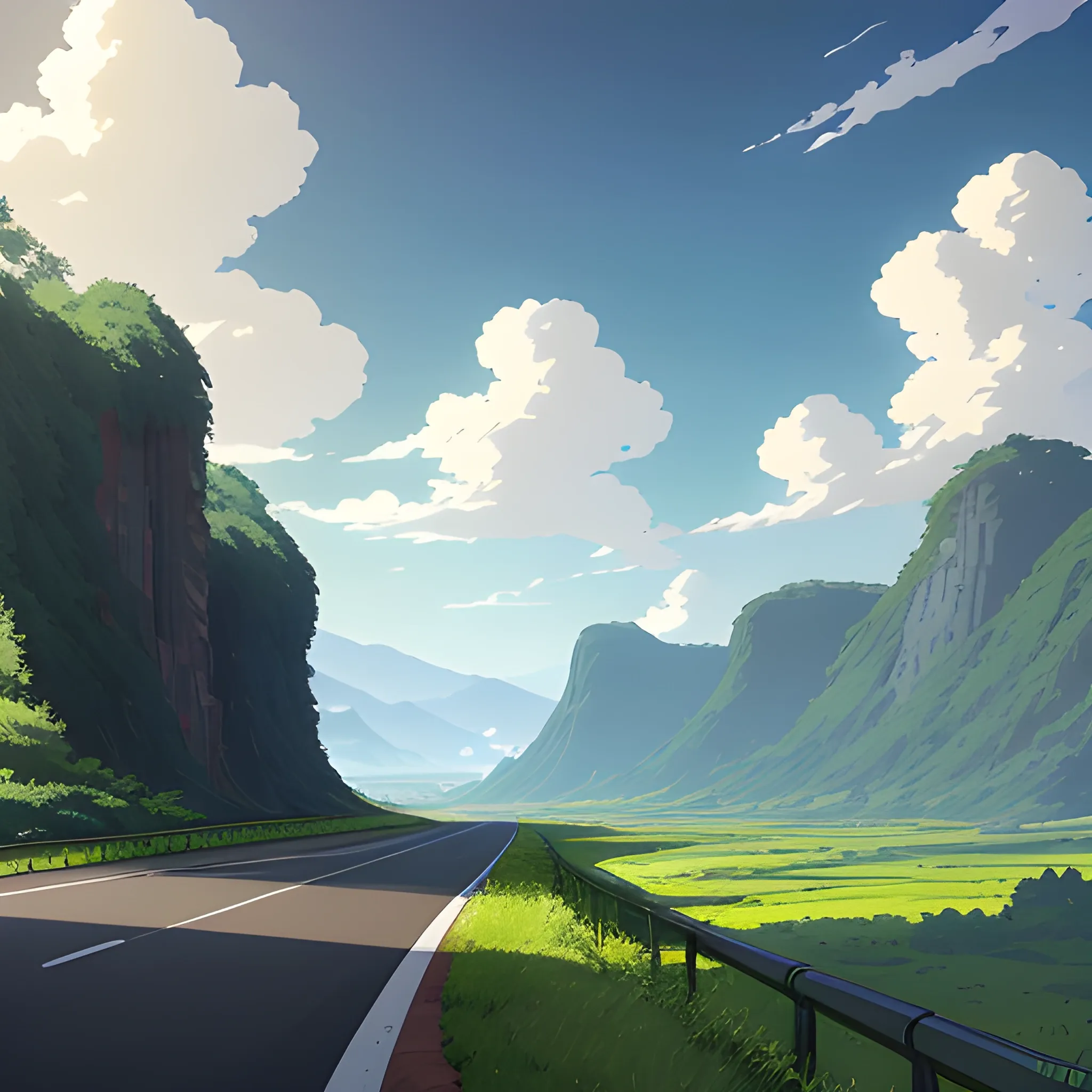 an wide landscape with brush, greenery, small road and a sky... in the style of makoto shinkai and greg rutkowski and albert bierstadt and james gurney, Cartoon