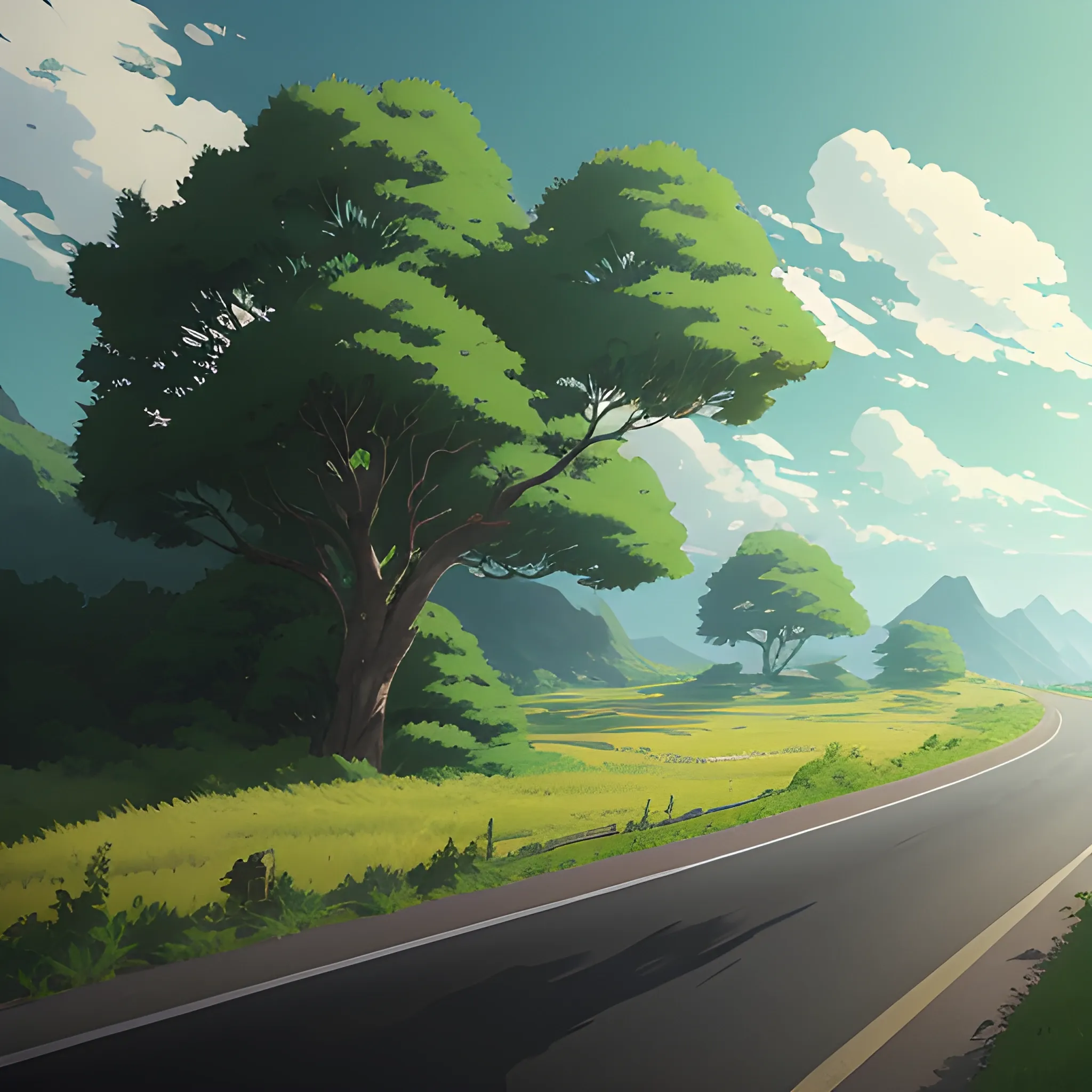 an wide landscape with brush, greenery, small road and a sky... in the style of makoto shinkai and greg rutkowski and albert bierstadt and james gurney, Cartoon