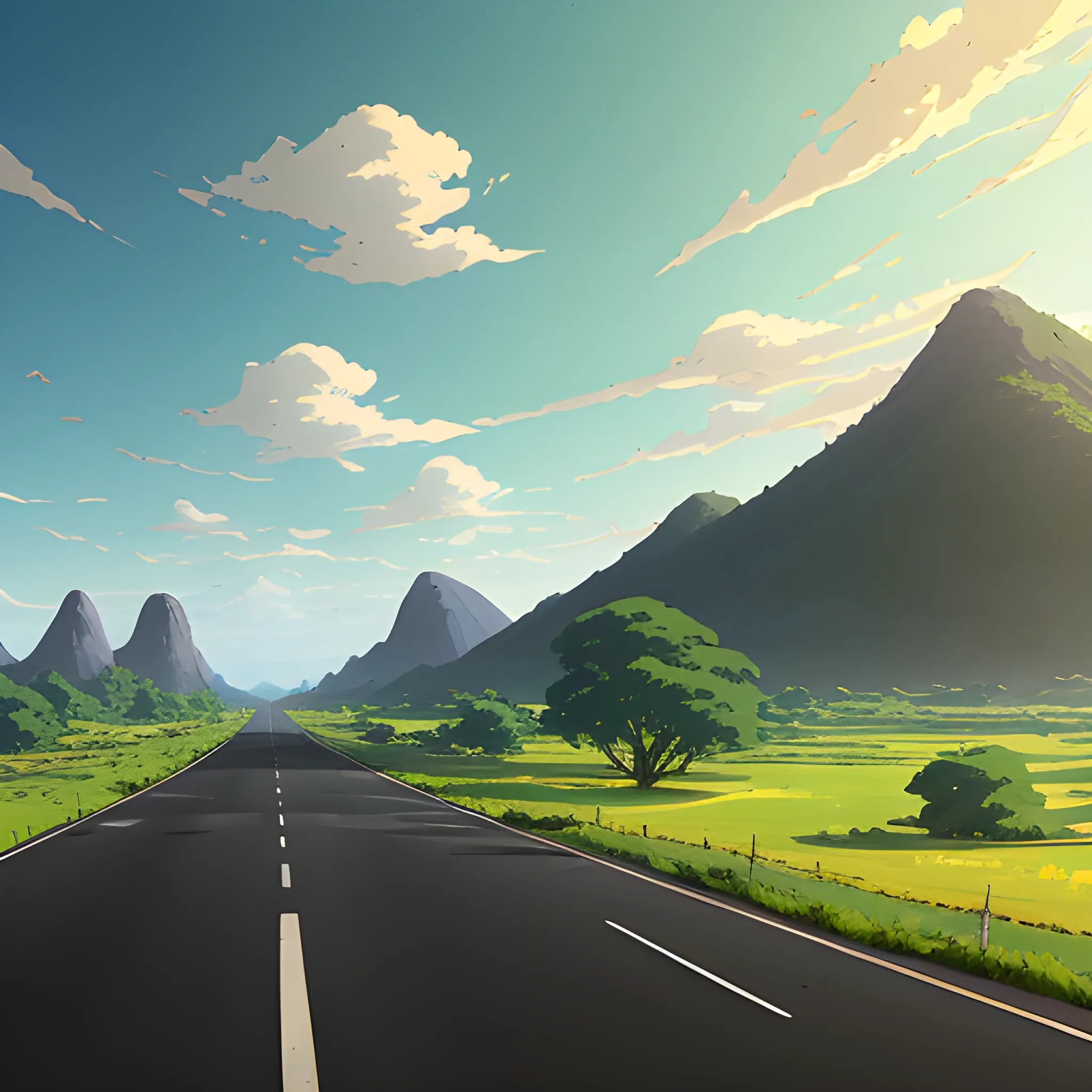 an wide landscape with brush, greenery, small road and a sky... in the style of makoto shinkai and greg rutkowski and albert bierstadt and james gurney, Cartoon