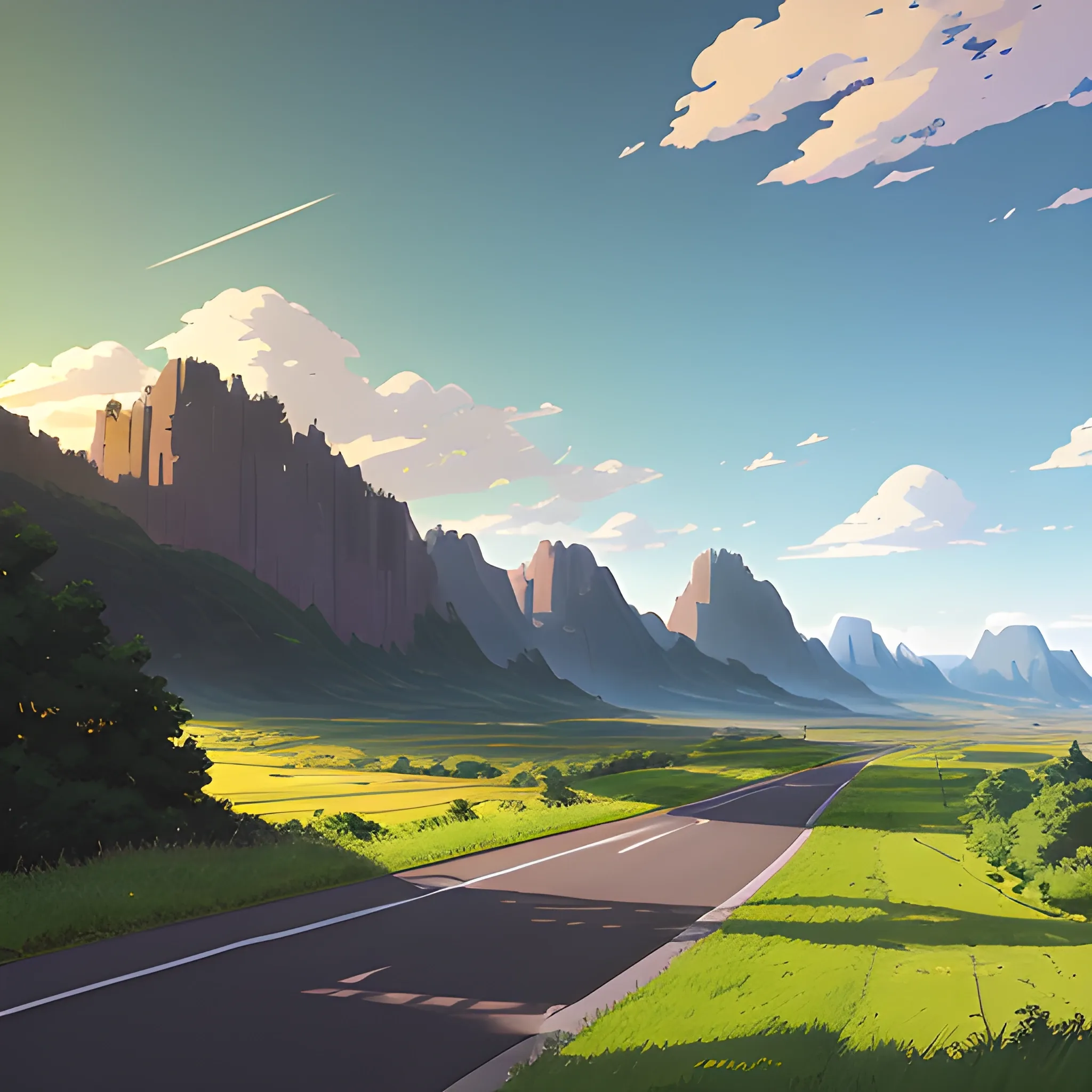 an wide landscape with brush, greenery, small road and a sky... in the style of makoto shinkai and greg rutkowski and albert bierstadt and james gurney, Cartoon