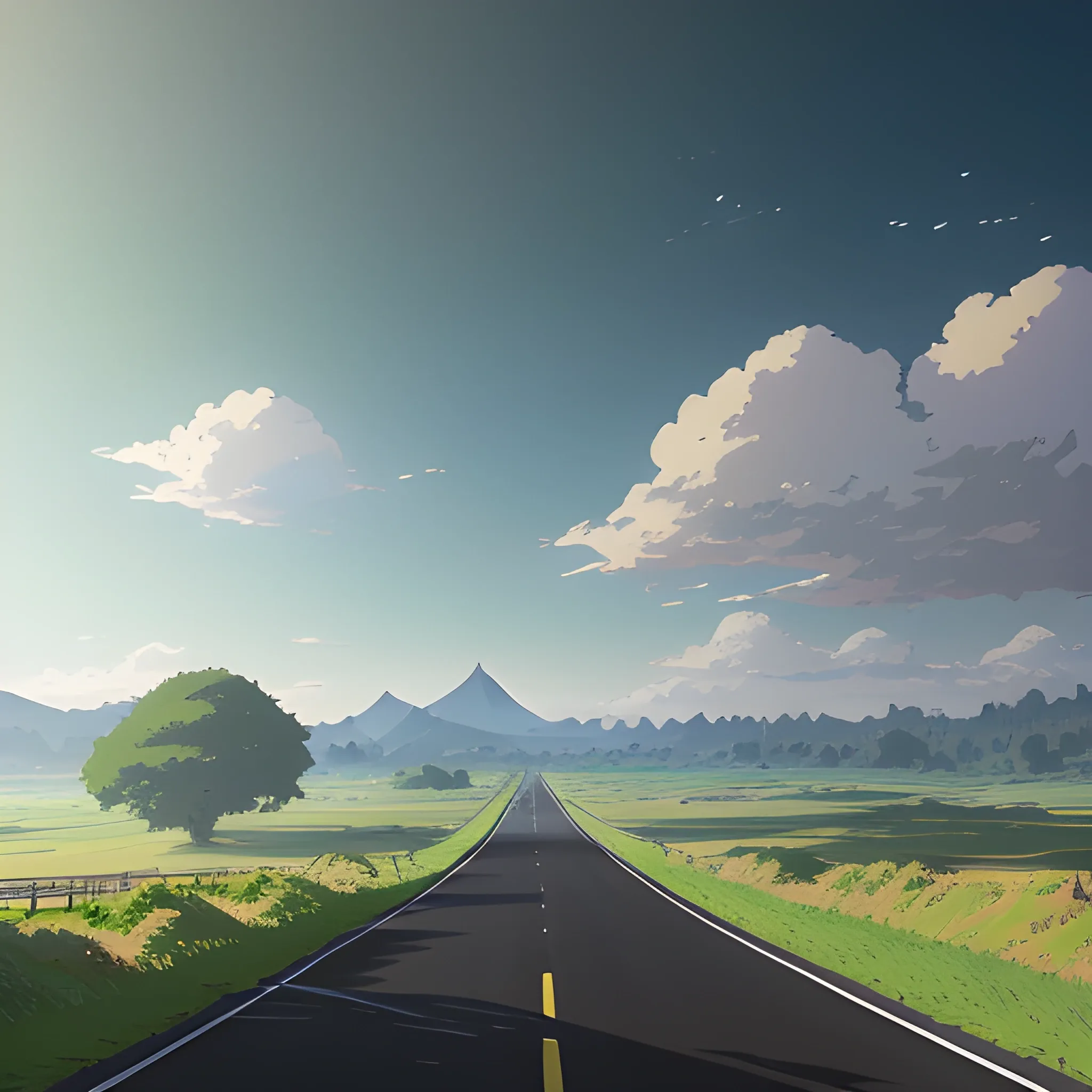 an wide landscape with brush, greenery, small road and a sky... in the style of makoto shinkai and greg rutkowski and albert bierstadt and james gurney, Cartoon