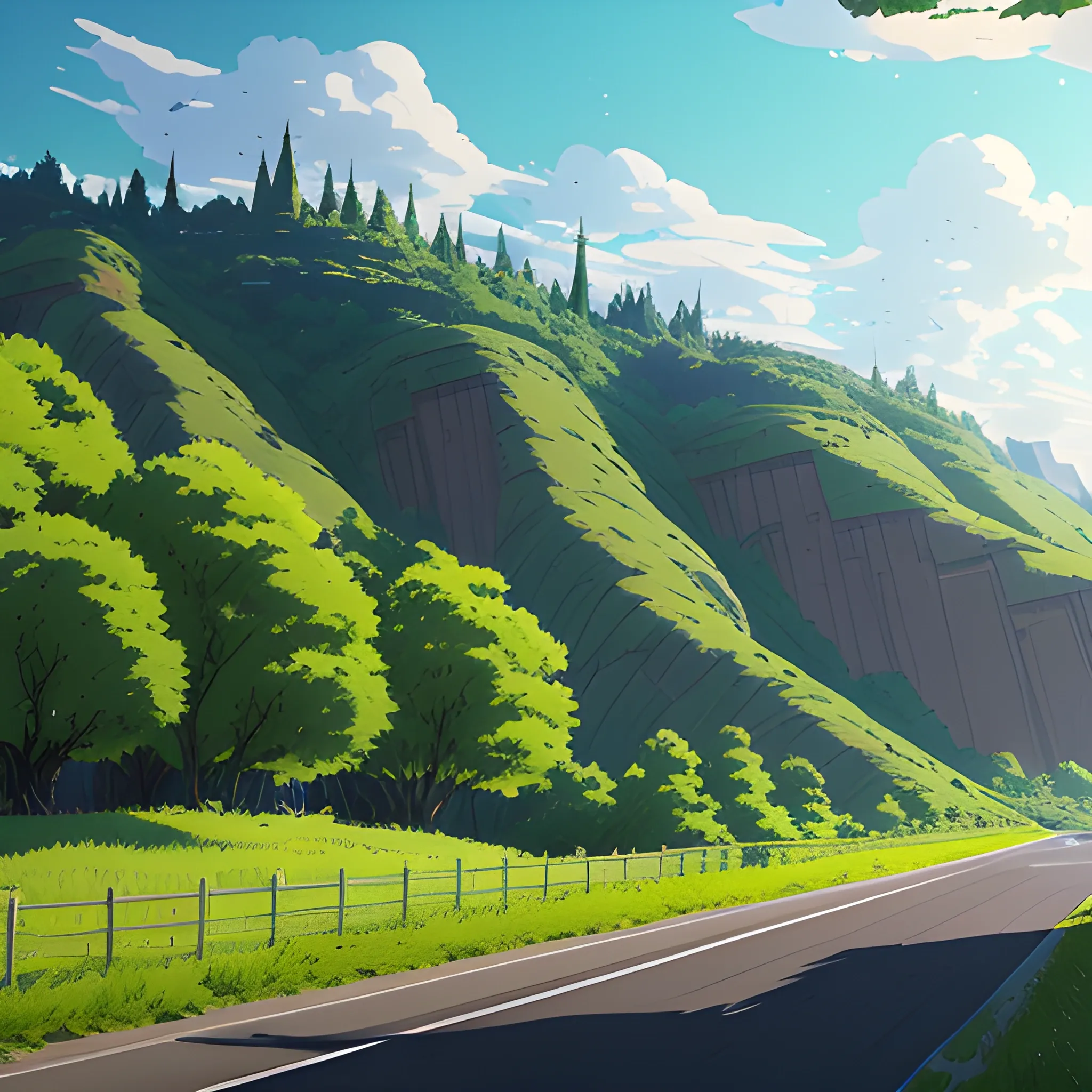 an wide landscape with brush, greenery, small road and a sky... in the style of makoto shinkai and greg rutkowski and albert bierstadt and james gurney, Cartoon