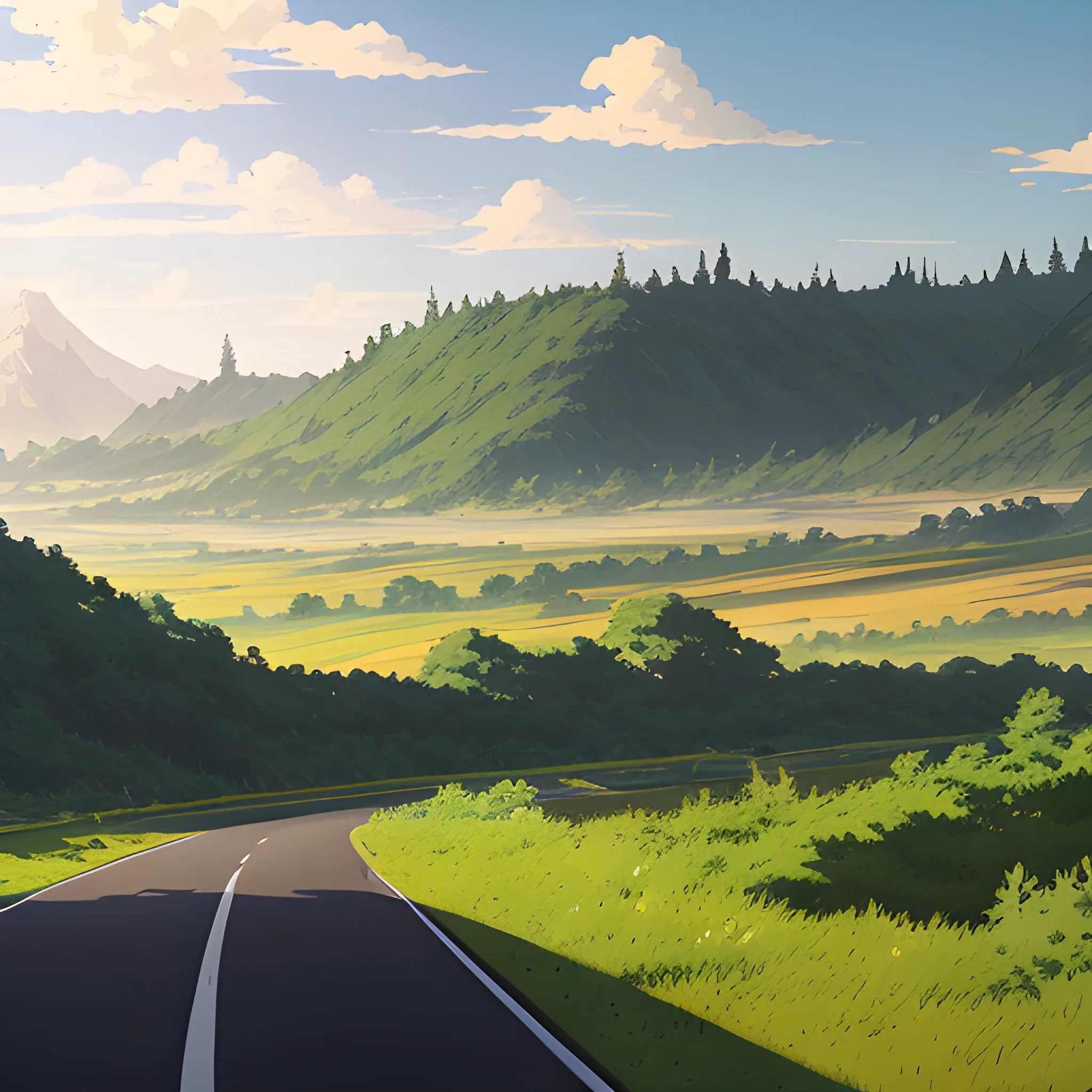 an wide landscape with brush, greenery, small road and a sky... in the style of makoto shinkai and greg rutkowski and albert bierstadt and james gurney, Cartoon