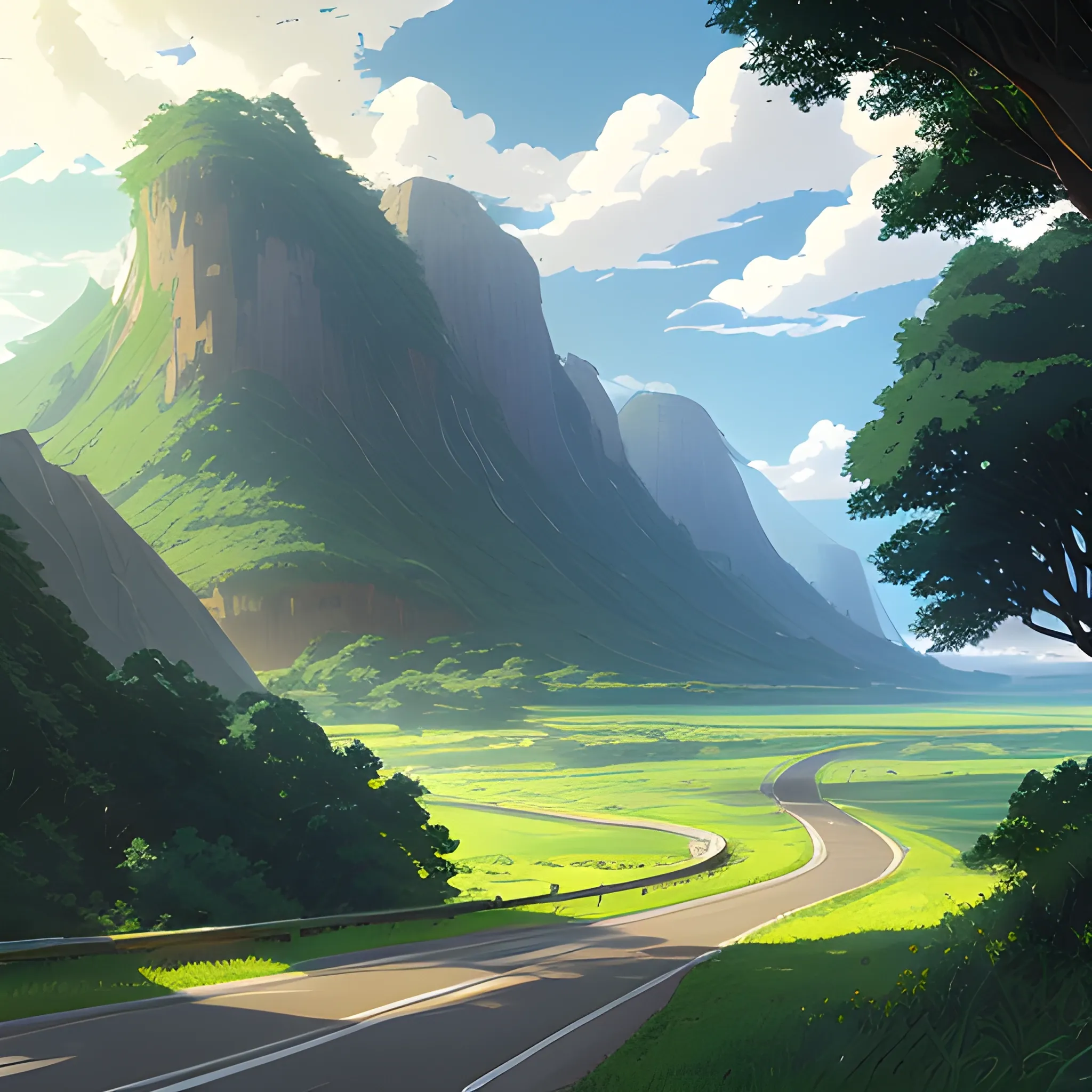 an wide landscape with brush, greenery, small road and a sky... in the style of makoto shinkai and greg rutkowski and albert bierstadt and james gurney, Cartoon