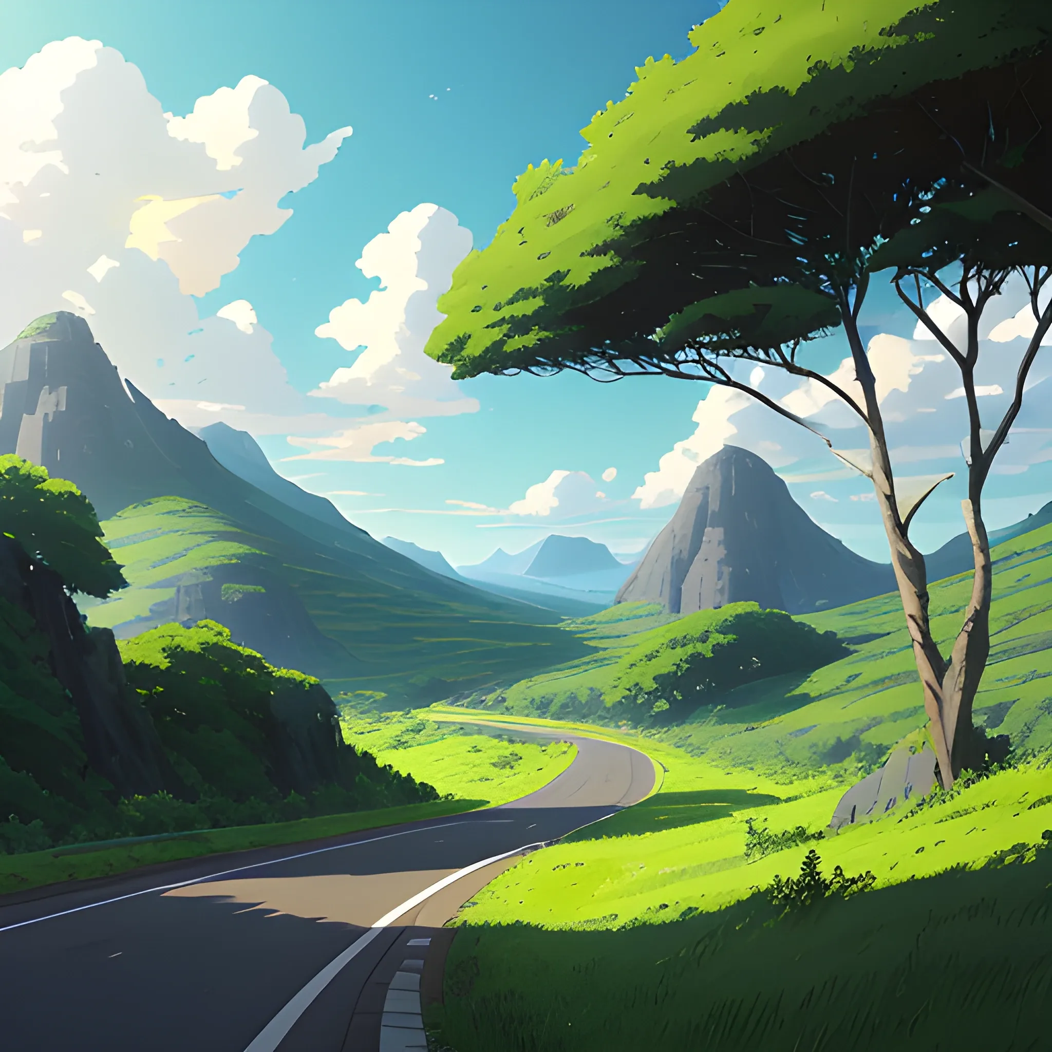 an wide landscape with brush, greenery, small road and a sky... in the style of makoto shinkai and greg rutkowski and albert bierstadt and james gurney, Cartoon