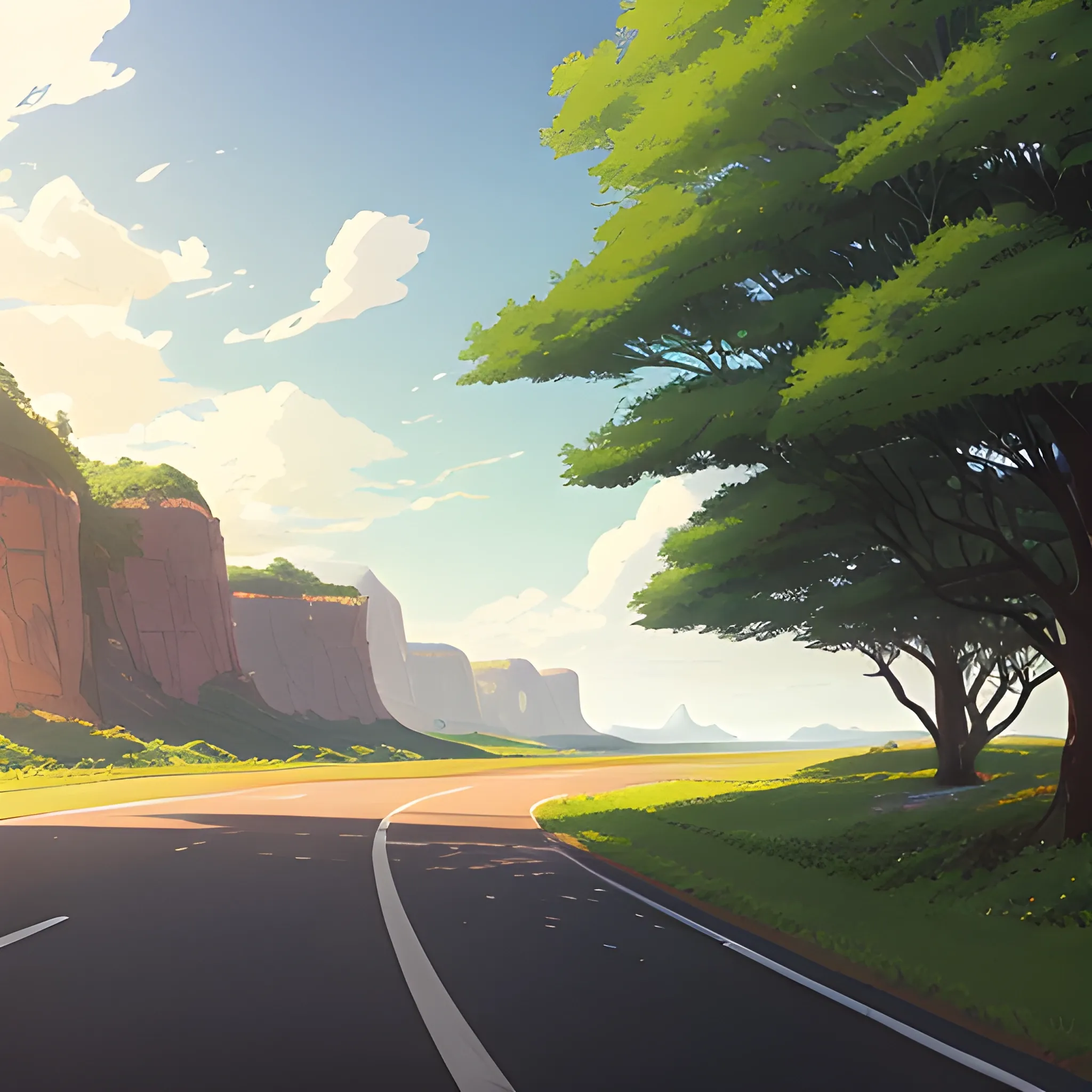 an wide landscape with brush, greenery, small road and a sky... in the style of makoto shinkai and greg rutkowski and albert bierstadt and james gurney, Cartoon