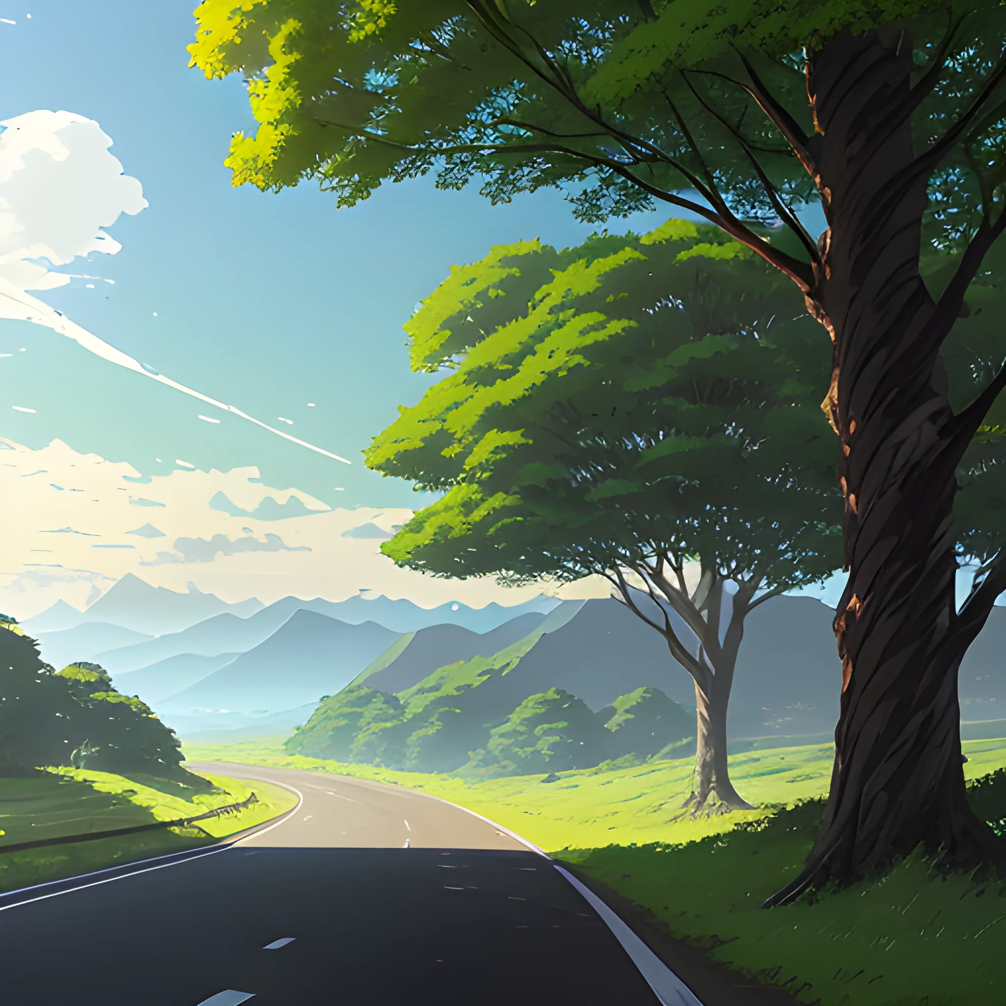 an wide landscape with brush, greenery, small road and a sky... in the style of makoto shinkai and greg rutkowski and albert bierstadt and james gurney, Cartoon