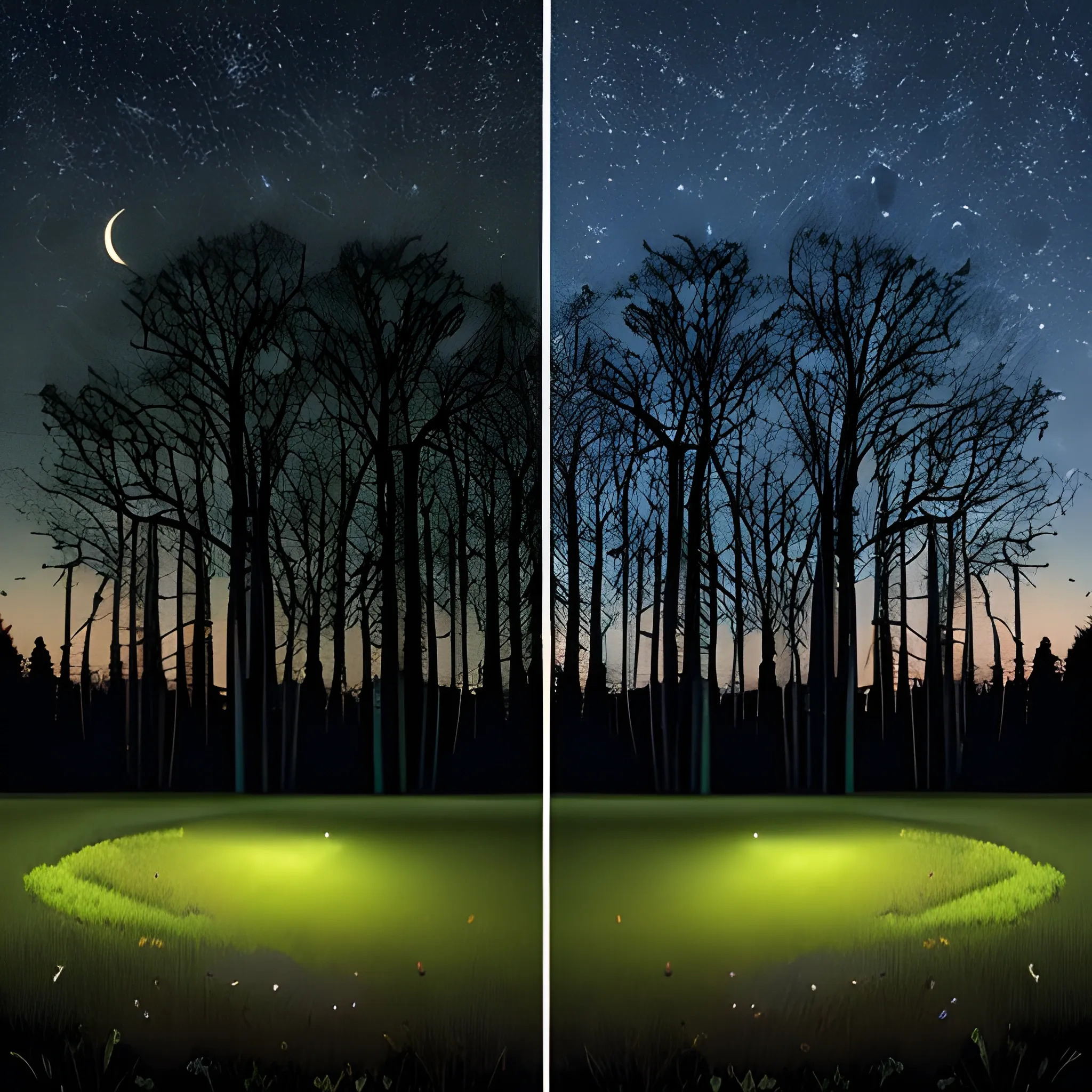 Show a scene that is divided into two parts. The left side shows a lush, green landscape with tall trees, flowers, and grass under a clear blue sky. The right side shows a dry and cracked earth with bare trees under a dark night sky with stars and a crescent moon . Separate these two scenes with a light line running vertically down the middle of the picture