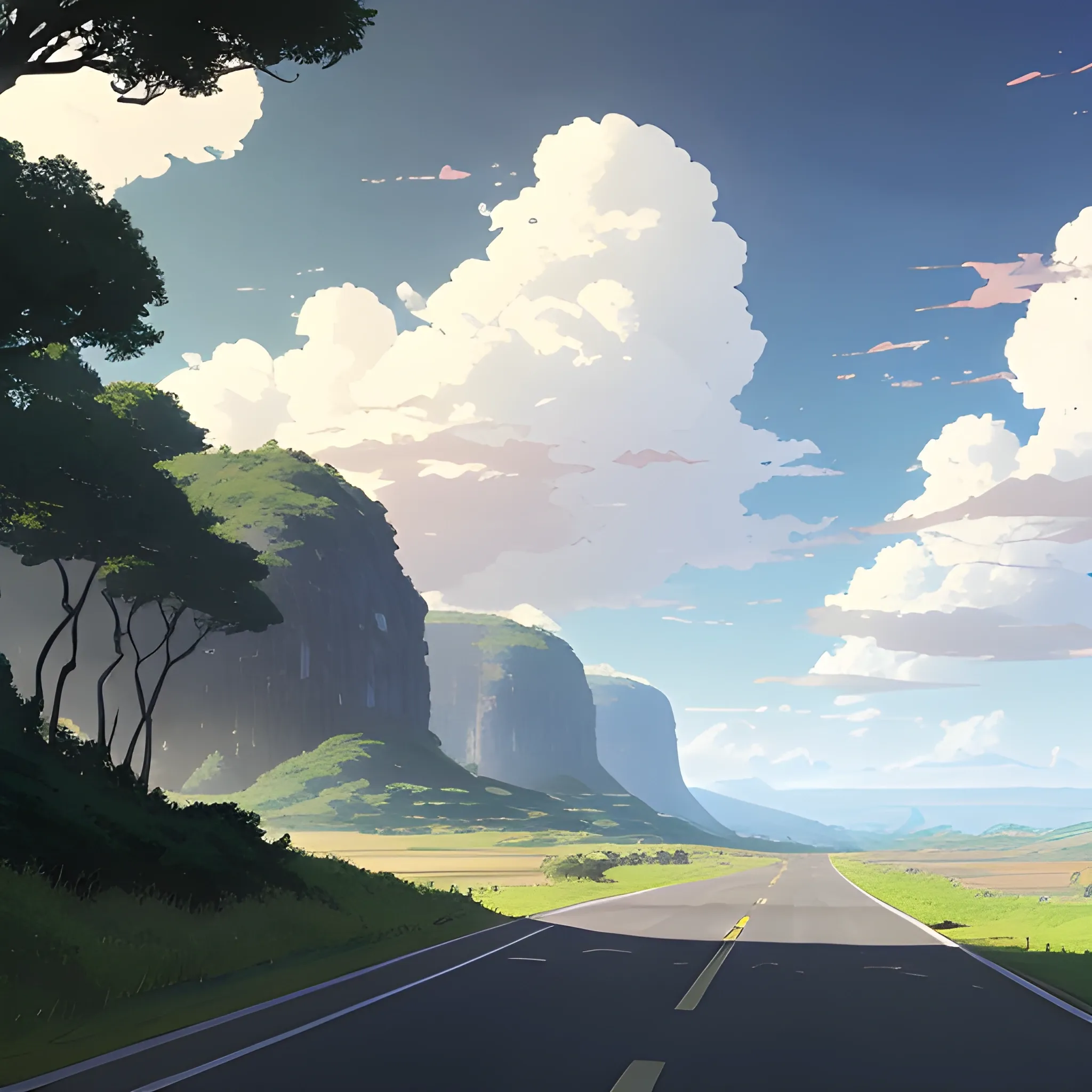 an wide landscape with brush, greenery, small road and a sky... in the style of makoto shinkai and greg rutkowski and albert bierstadt and james gurney, Cartoon