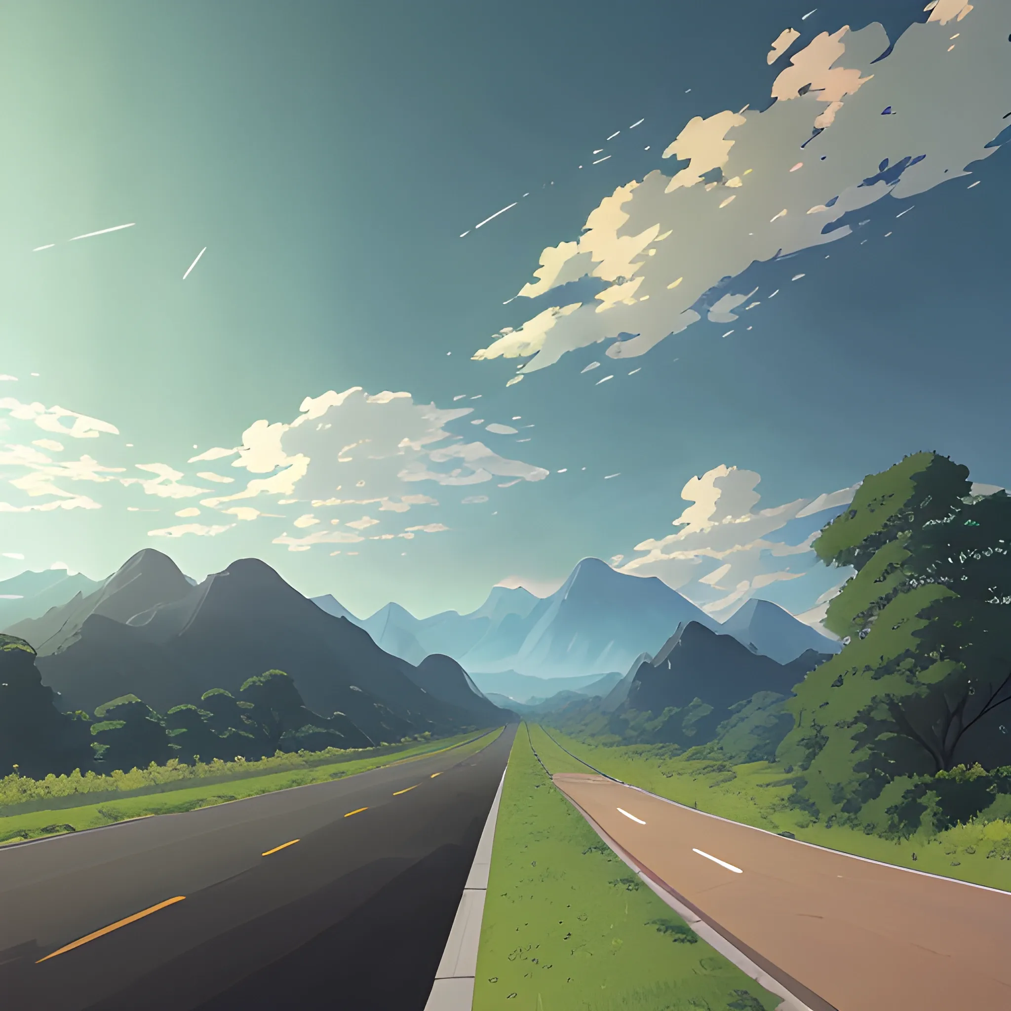 an wide landscape with brush, greenery, small road and a sky... in the style of makoto shinkai and greg rutkowski and albert bierstadt and james gurney, Cartoon