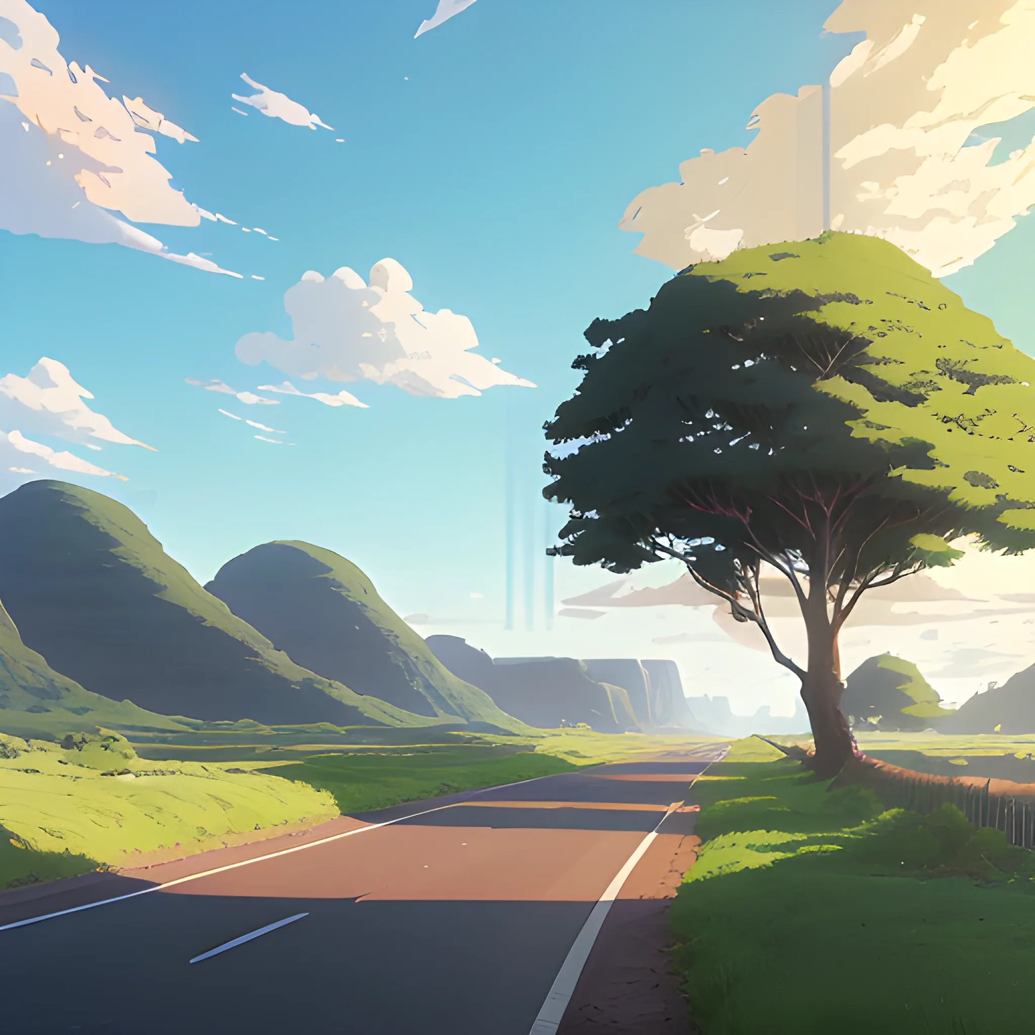 an wide landscape with brush, greenery, small road and a sky... in the style of makoto shinkai and greg rutkowski and albert bierstadt and james gurney, Cartoon