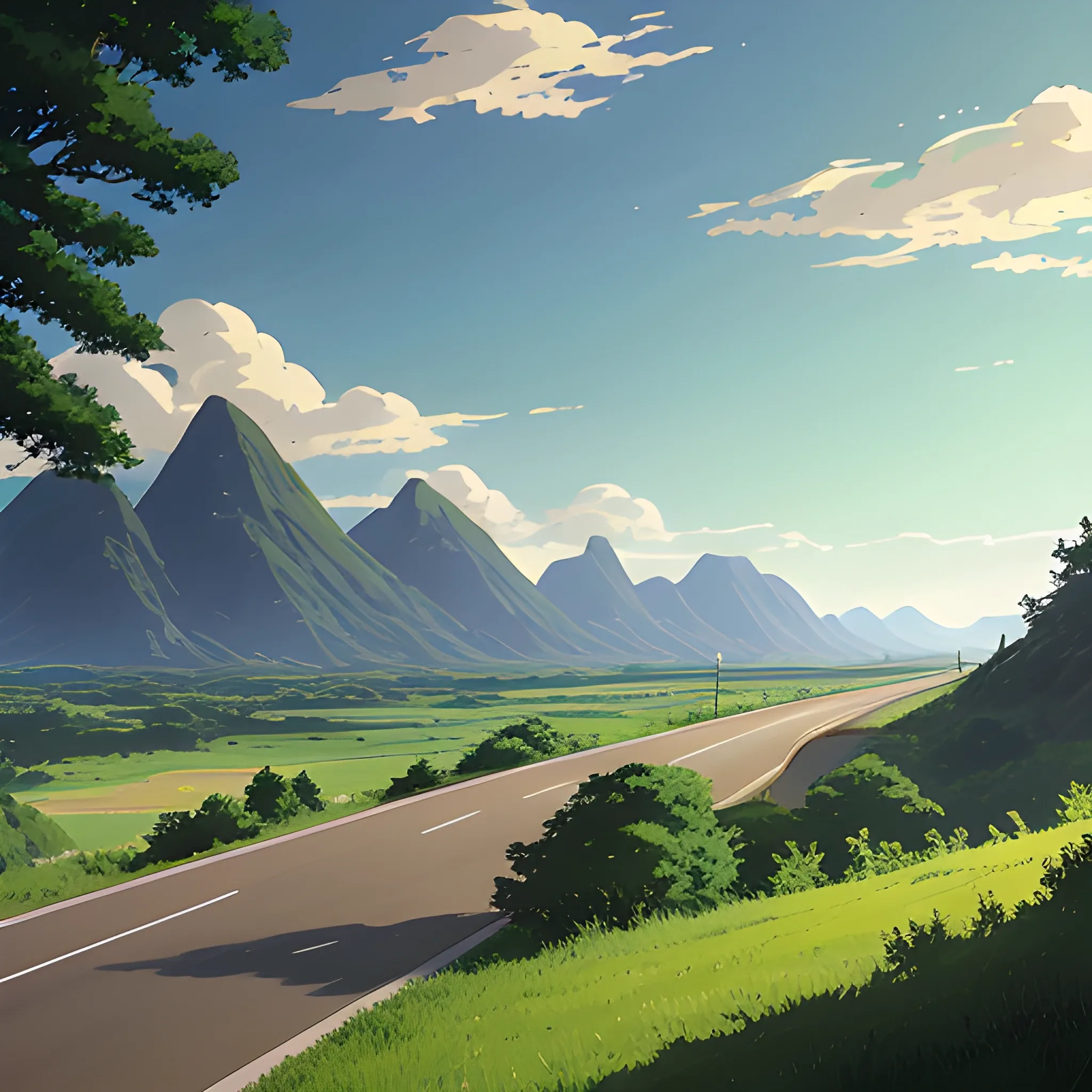 an wide landscape with brush, greenery, small road and a sky... in the style of makoto shinkai and greg rutkowski and albert bierstadt and james gurney, Cartoon