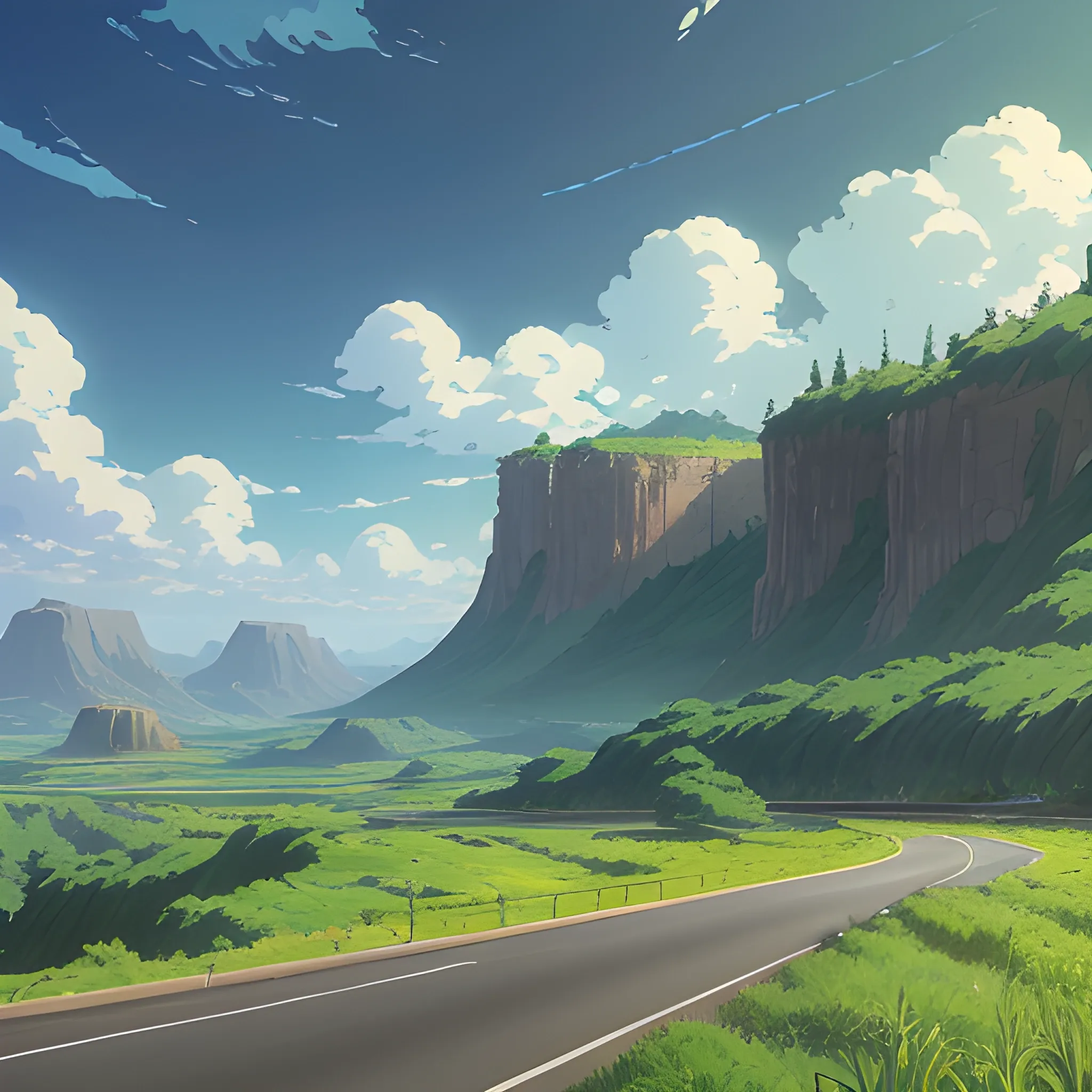 an wide landscape with brush, greenery, small road and a sky... in the style of makoto shinkai and greg rutkowski and albert bierstadt and james gurney, Cartoon