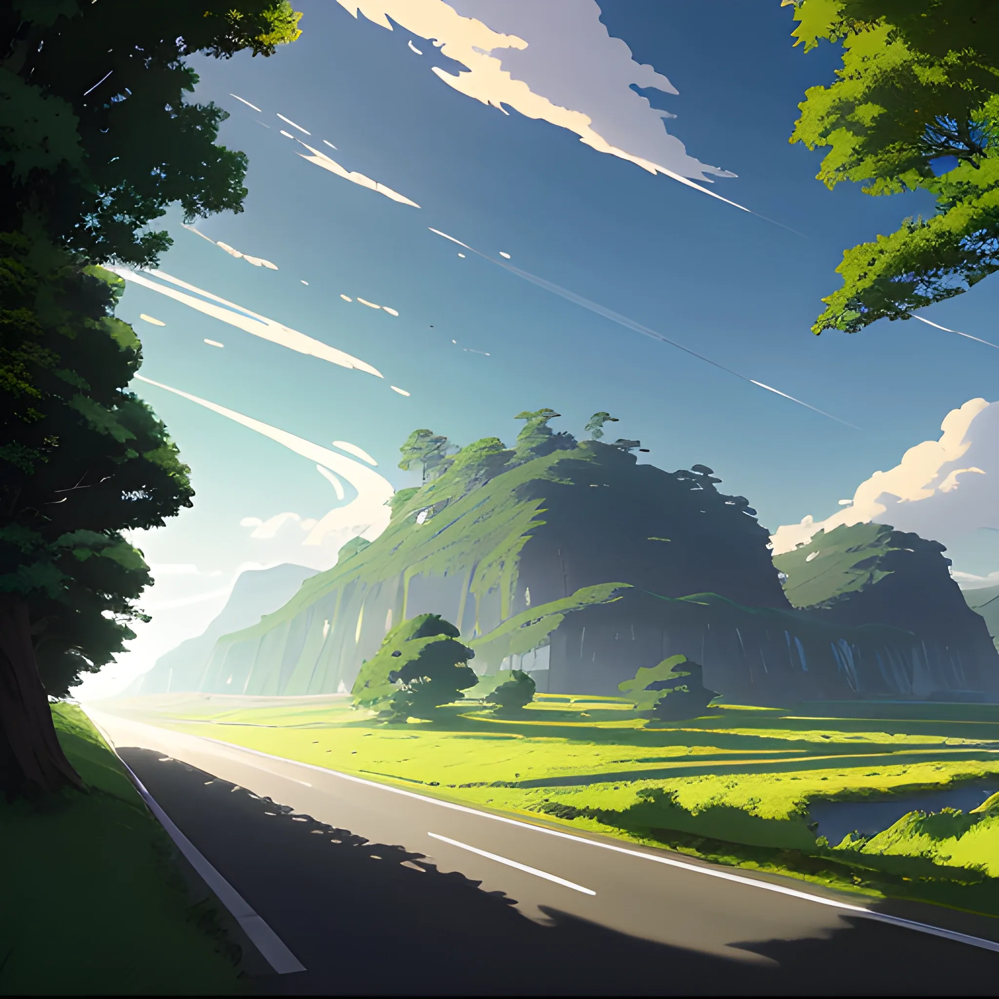 an wide landscape with brush, greenery, small road and a sky, ray of sunshine... in the style of makoto shinkai and greg rutkowski and albert bierstadt and james gurney, Cartoon