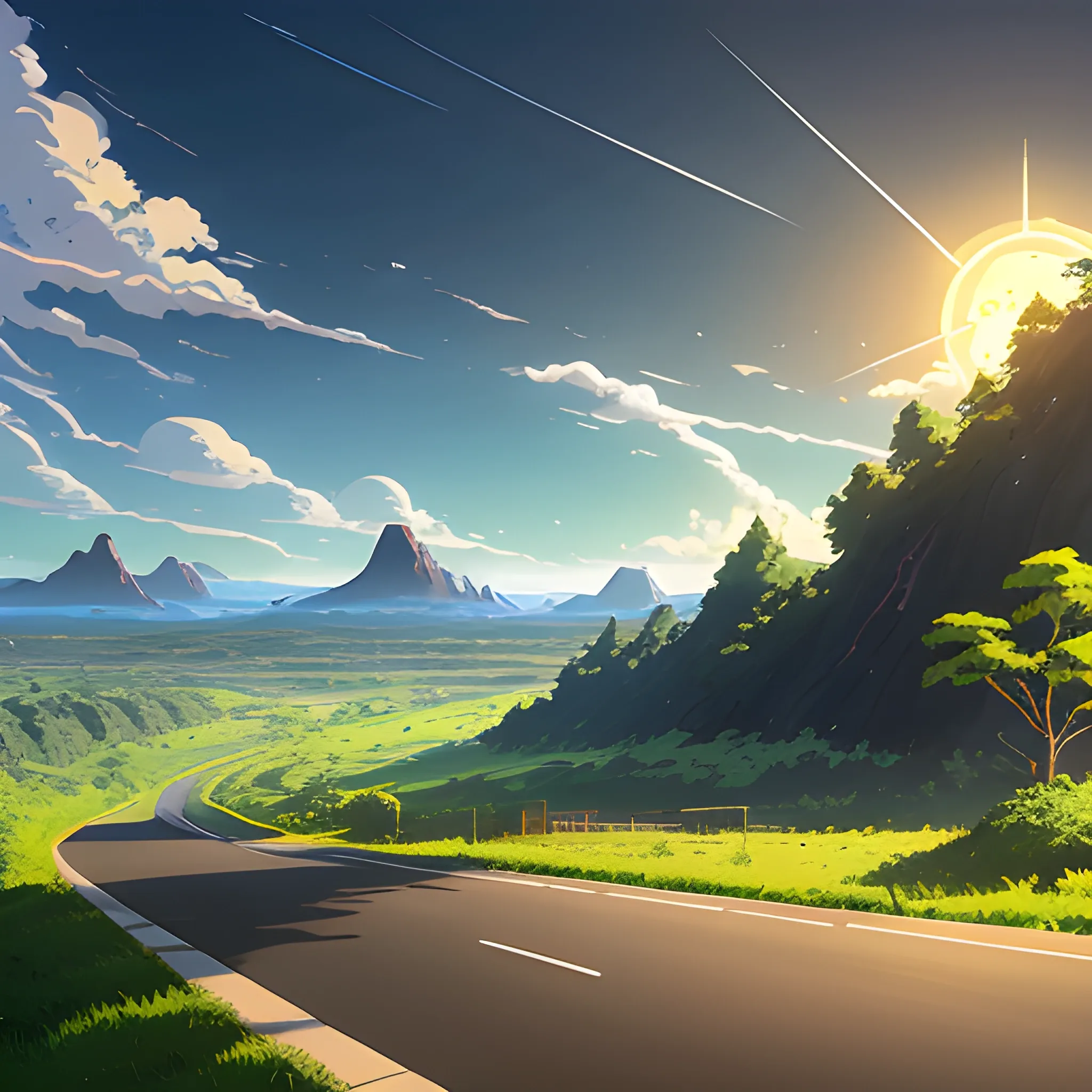 an wide landscape with brush, greenery, small road and a sky, ray of sunshine... in the style of makoto shinkai and greg rutkowski and albert bierstadt and james gurney, Cartoon