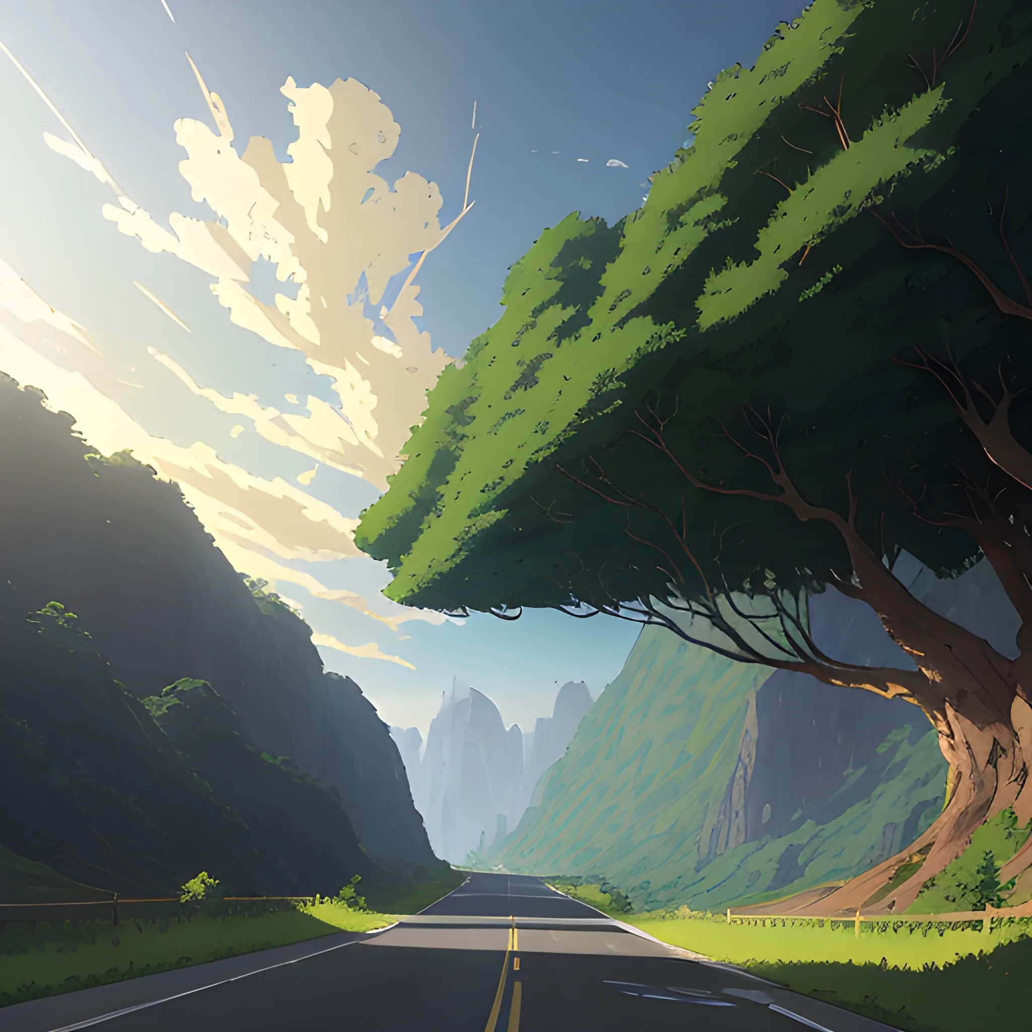 an wide landscape with brush, greenery, small road and a sky, ray of sunshine... in the style of makoto shinkai and greg rutkowski and albert bierstadt and james gurney, Cartoon