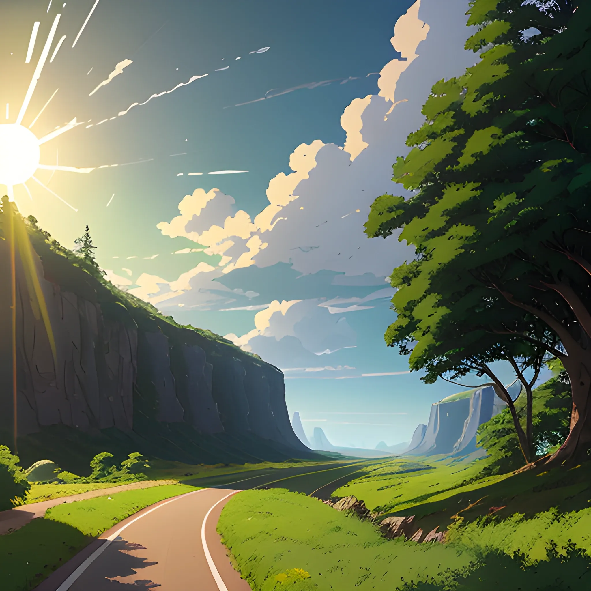 an wide landscape with brush, greenery, small road and a sky, ray of sunshine... in the style of makoto shinkai and greg rutkowski and albert bierstadt and james gurney, Cartoon