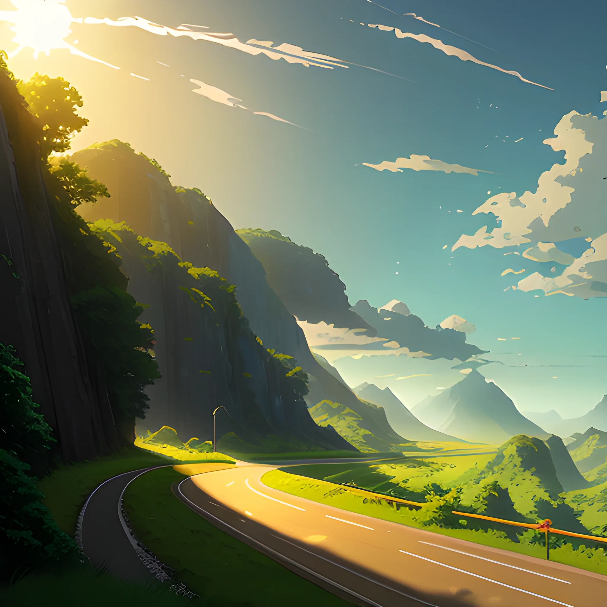 an wide landscape with brush, greenery, small road and a sky, ray of sunshine... in the style of makoto shinkai and greg rutkowski and albert bierstadt and james gurney, Cartoon