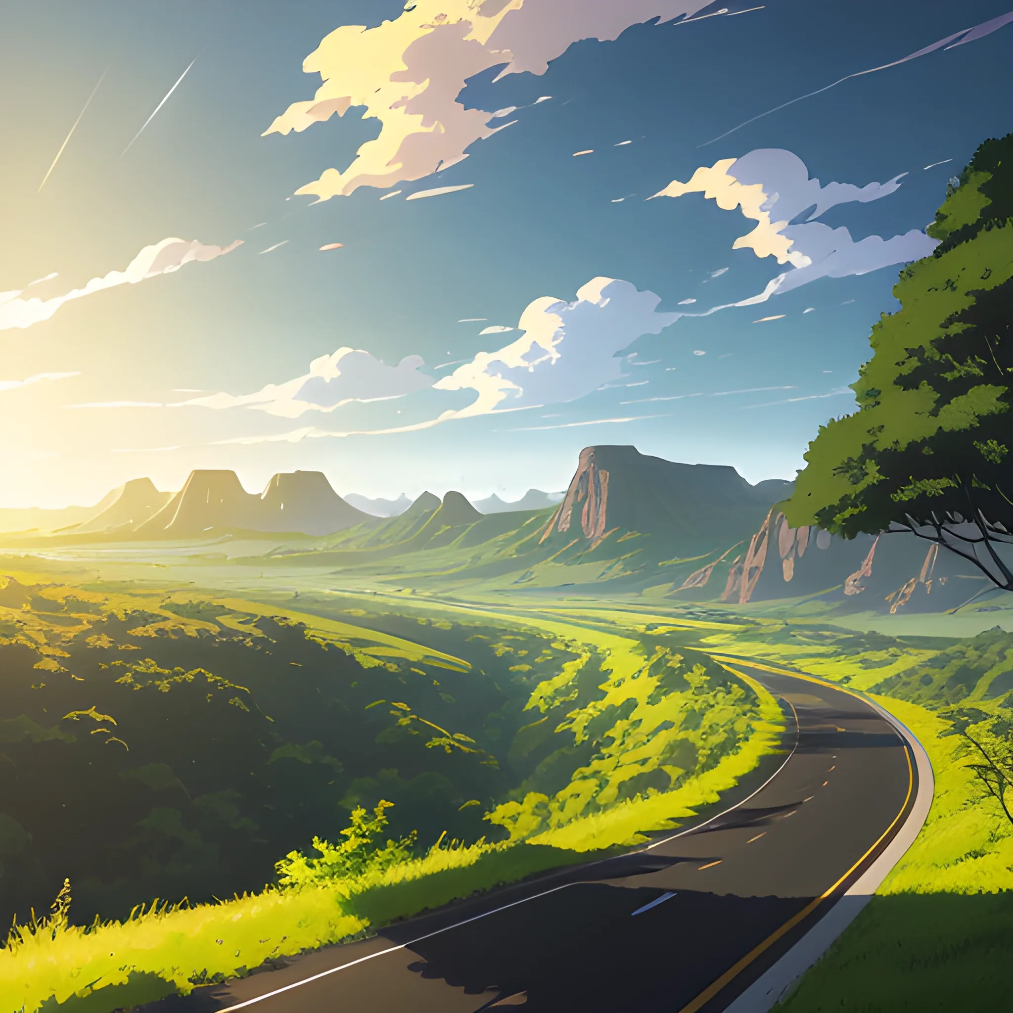 an wide landscape with brush, greenery, small road and a sky, ray of sunshine... in the style of makoto shinkai and greg rutkowski and albert bierstadt and james gurney, Cartoon