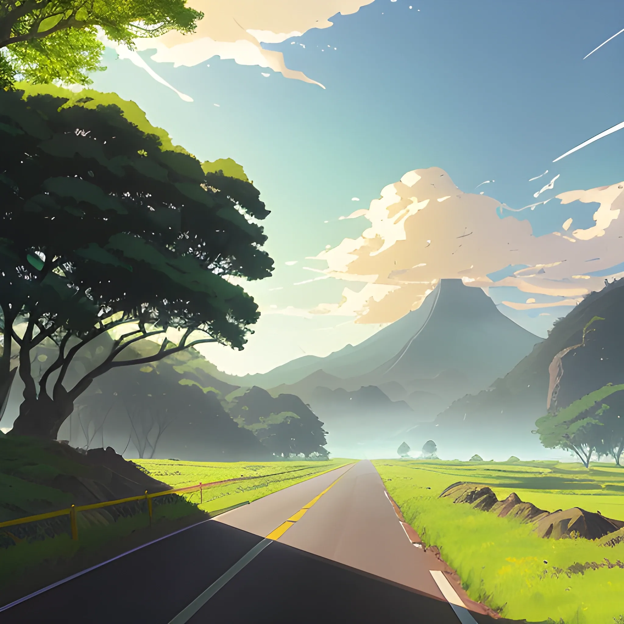 an wide landscape with brush, greenery, small road and a sky, ray of sunshine... in the style of makoto shinkai and greg rutkowski and albert bierstadt and james gurney, Cartoon