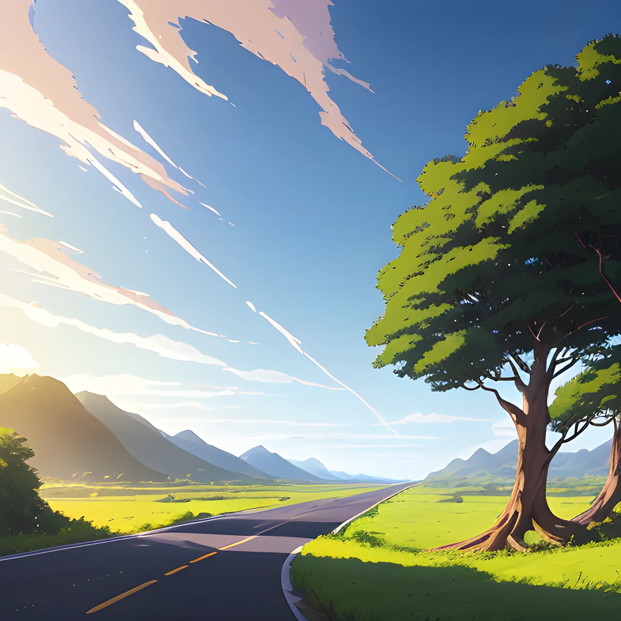 an wide landscape with brush, greenery, small road and a sky, ray of sunshine... in the style of makoto shinkai and greg rutkowski and albert bierstadt and james gurney, Cartoon